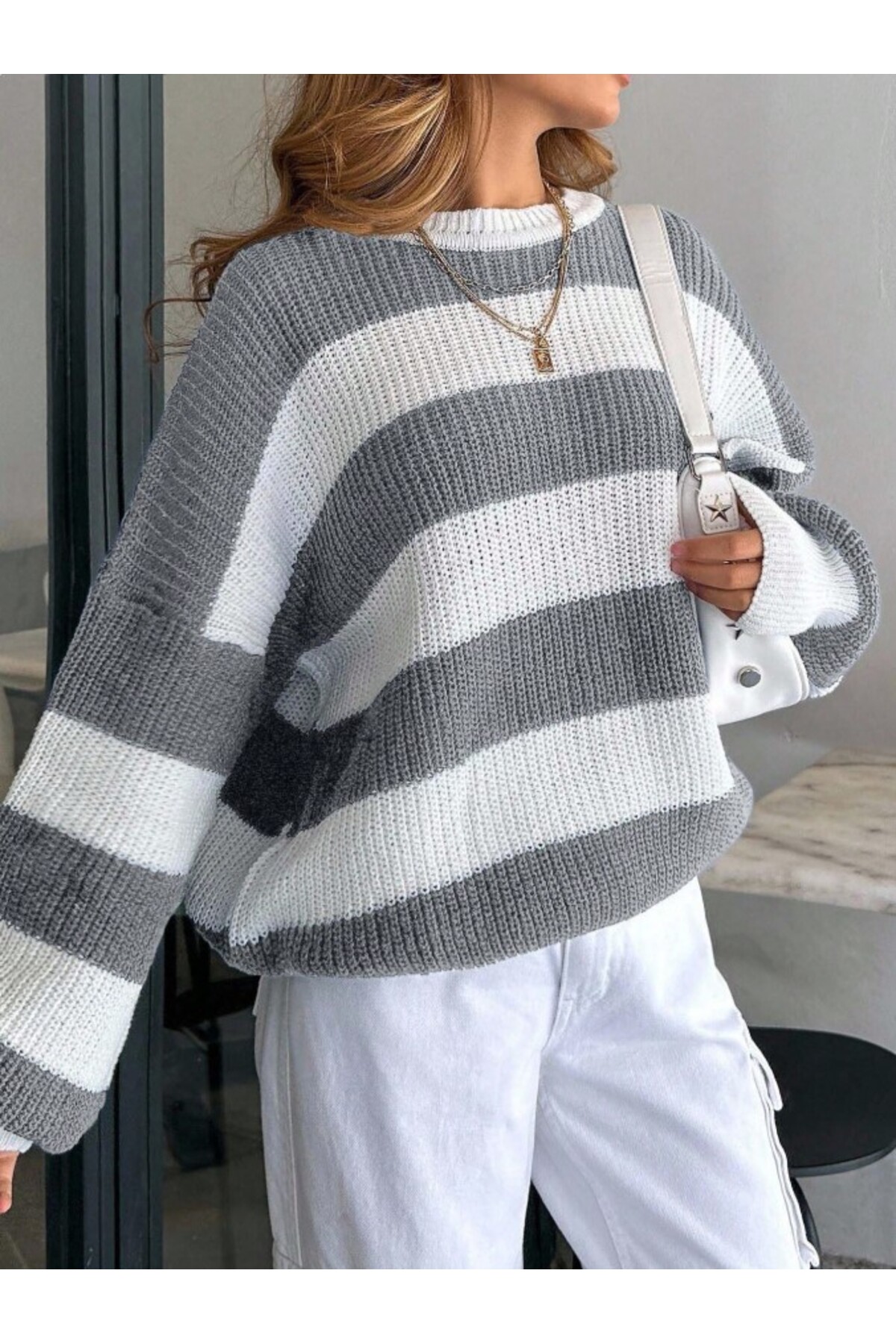 Dier Moda  Kadın Bisiklet Yaka Çizgili Oversize Triko Kazak Fmoda602 - Görsel 5