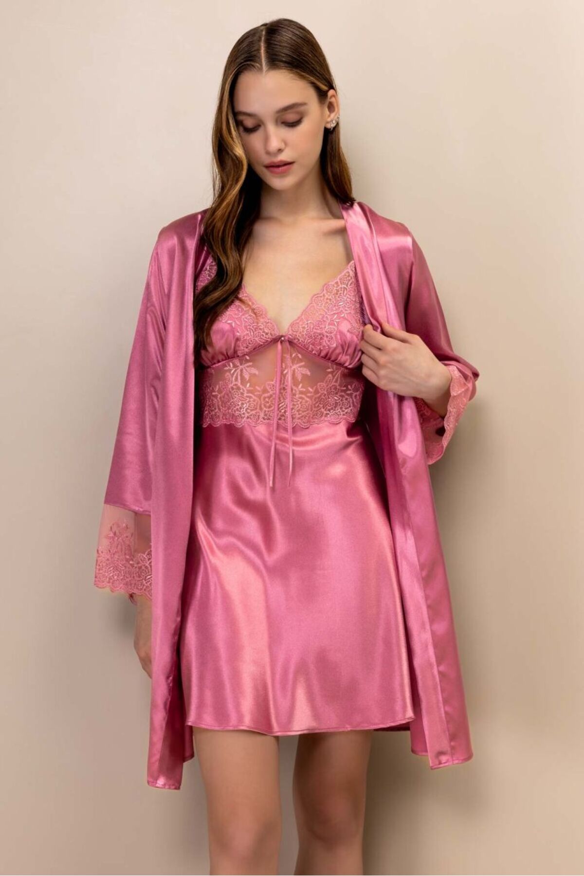 AYYILDIZ 3802 Gül Kurusu Saten Gecelik Sabahlık Takım