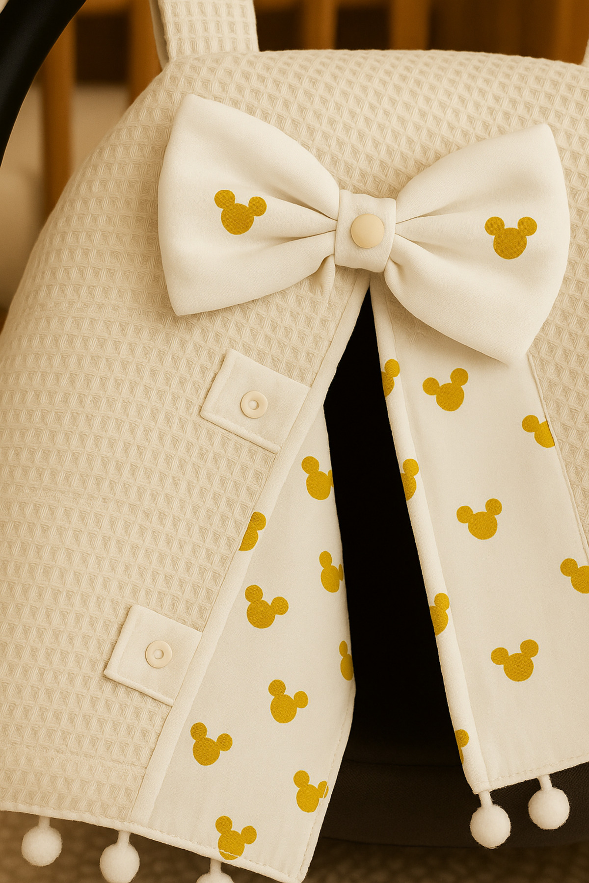 BeygeBaby %100 Pamuk Çift Katlı Kahve Waffle Pike ve Gold Mickey Desenli Çift Yönlü Kullanımlı Puset Örtüsü fotoğrafı 4 (önizleme)