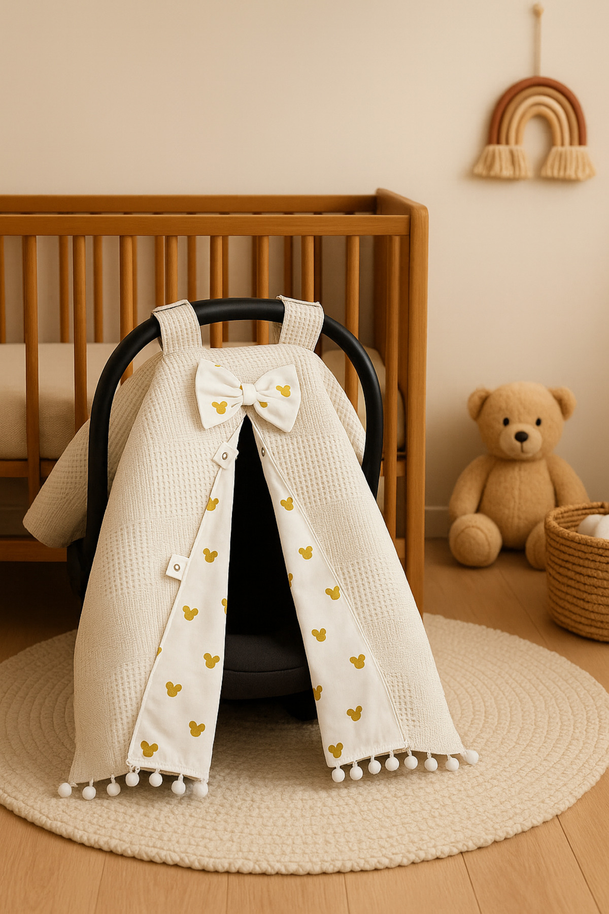 BeygeBaby %100 Pamuk Çift Katlı Kahve Waffle Pike ve Gold Mickey Desenli Çift Yönlü Kullanımlı Puset Örtüsü fotoğrafı 3 (önizleme)