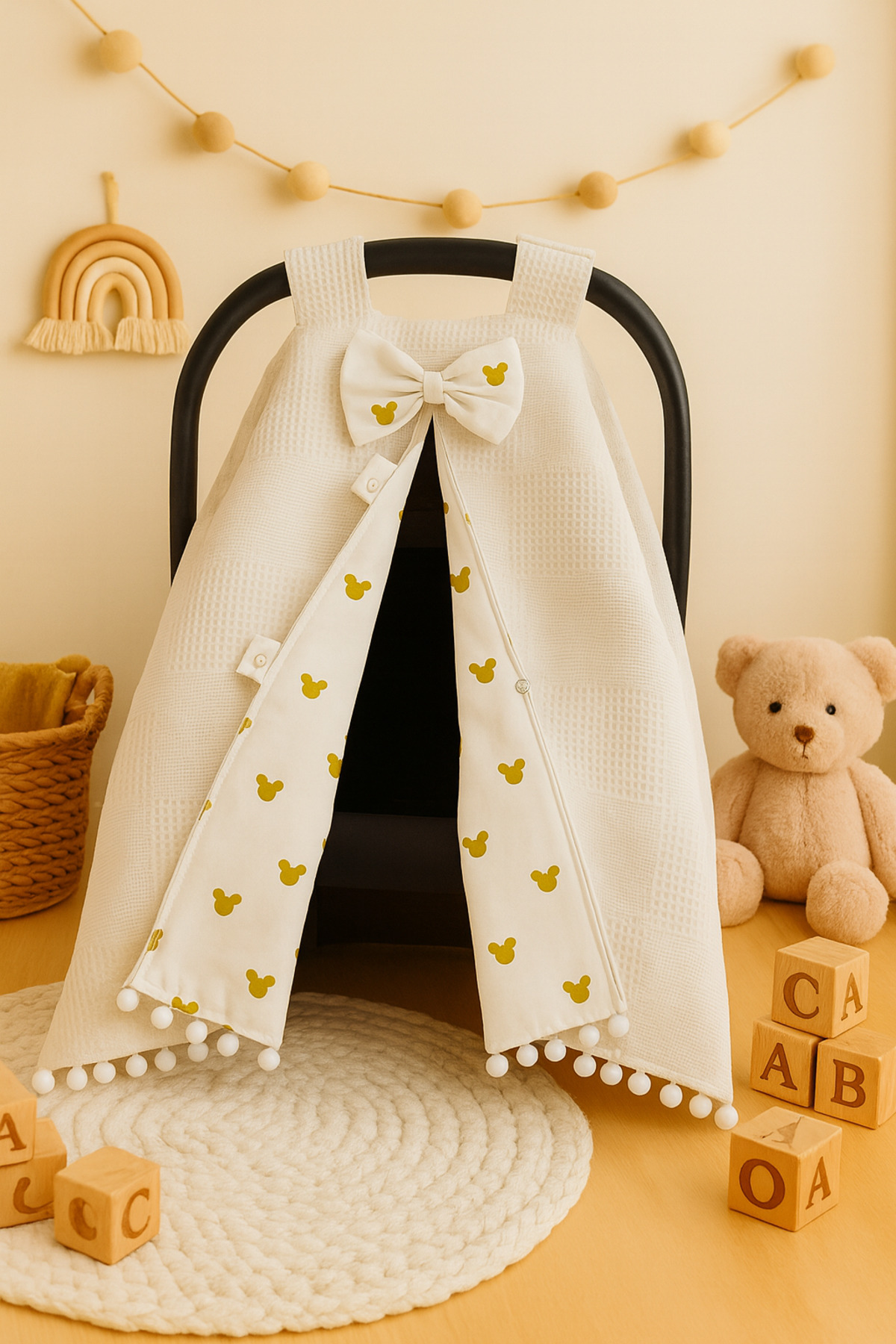 BeygeBaby %100 Pamuk Çift Katlı Kahve Waffle Pike ve Gold Mickey Desenli Çift Yönlü Kullanımlı Puset Örtüsü fotoğrafı 2 (önizleme)