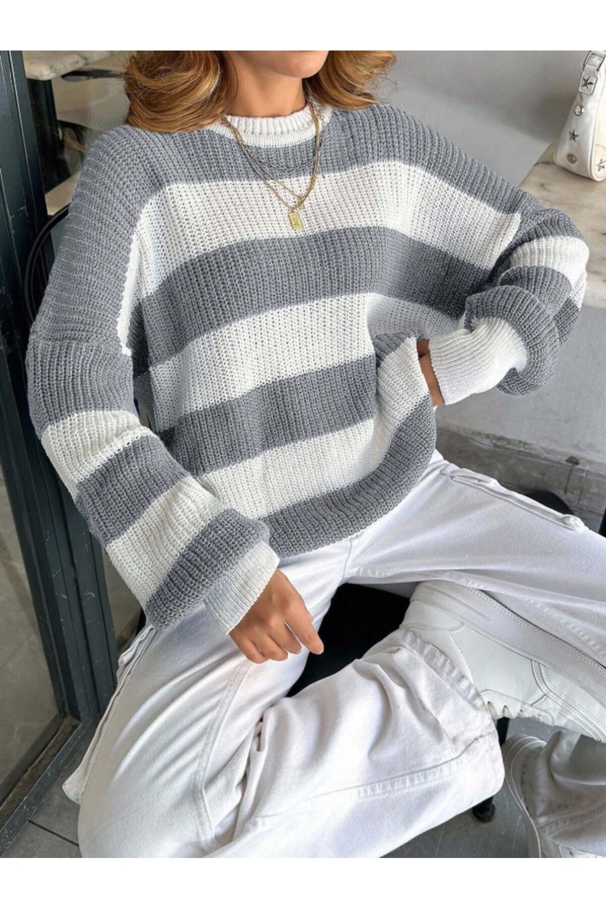 Dier Moda  Kadın Bisiklet Yaka Çizgili Oversize Triko Kazak Fmoda602 - Görsel 7