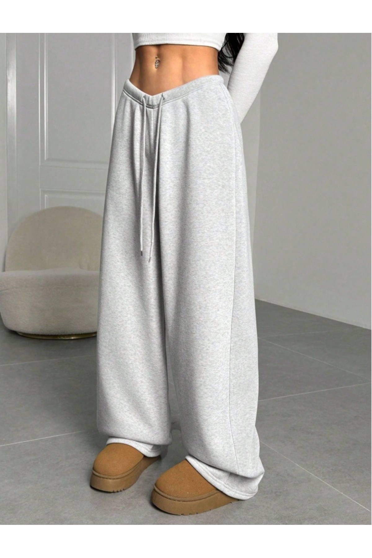 ELASSEL  Kışlık Şardonlu Gri Kadın Baggy Battal Büyük Beden Bol Kesim Esnek Rahat Kumaş Eşofman Altı r5 - Görsel 3