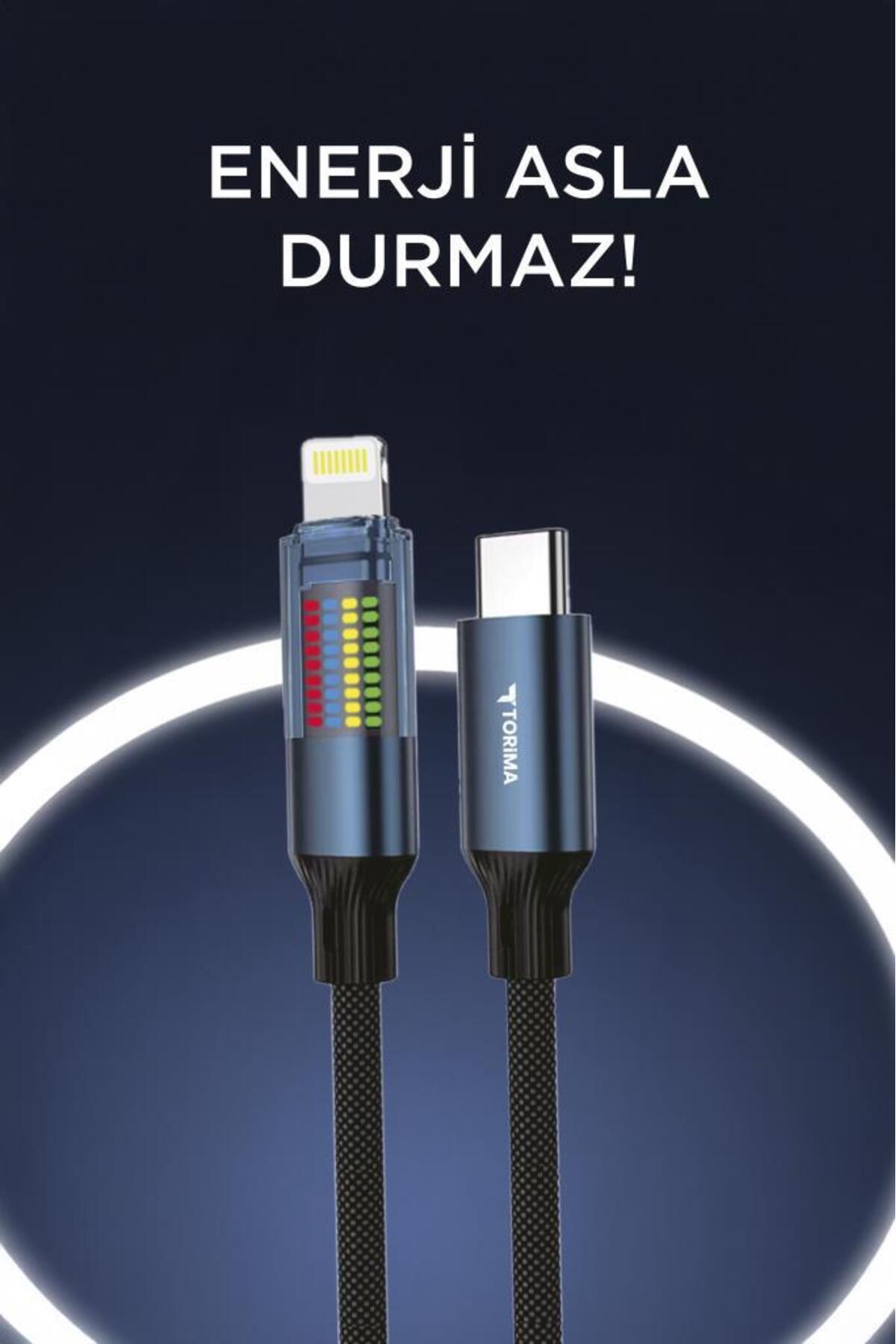 Torima Şarj Kablosu Type-C to Lightning Led Ekranlı Hızlı 27W Örgü