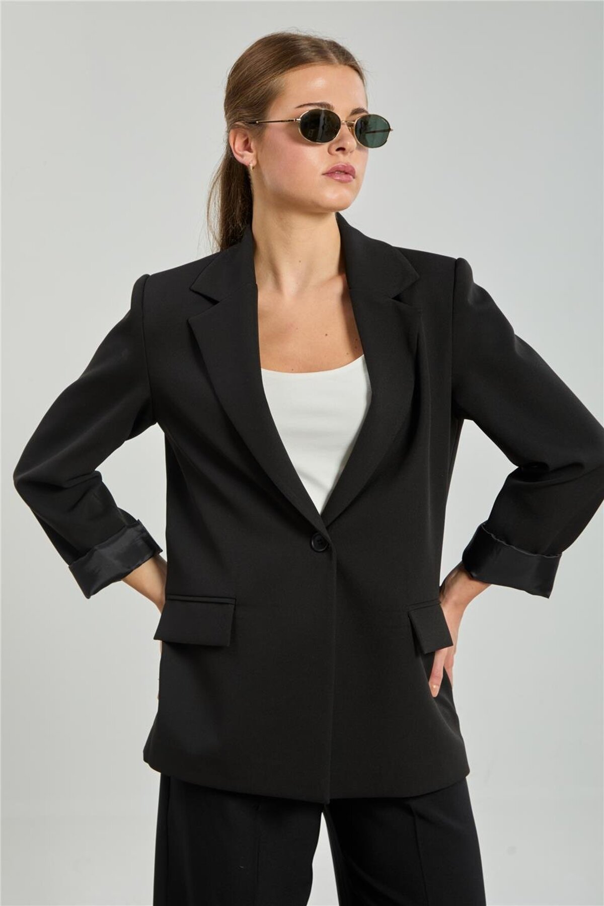 BARRELS AND OIL  Kadın Tek Düğmeli Blazer Ceket - Siyah - Görsel 4