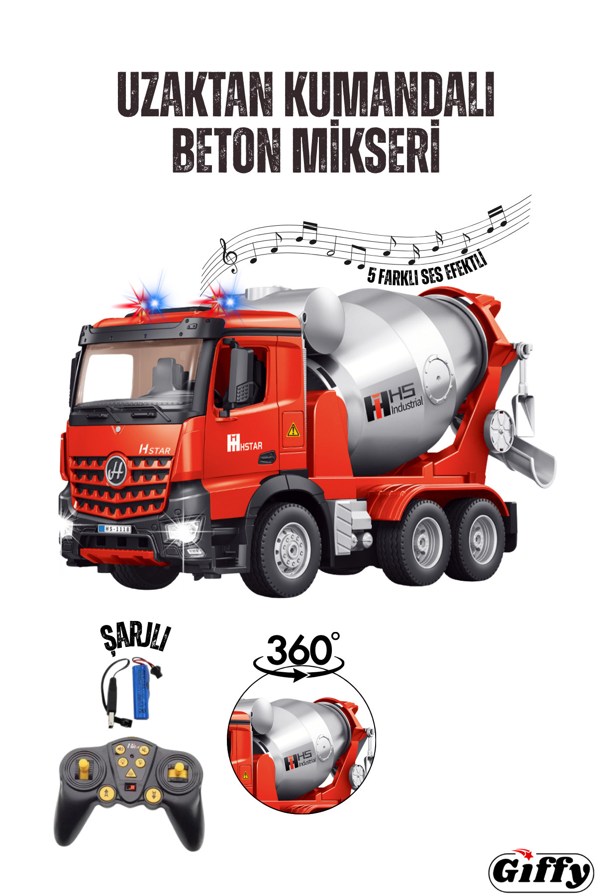 giffy Uzaktan Kumandalı Beton Mikseri İş Makinası Full Fonksiyon Sesli Işıklı Şarjlı Mikser 360 Derece Tur