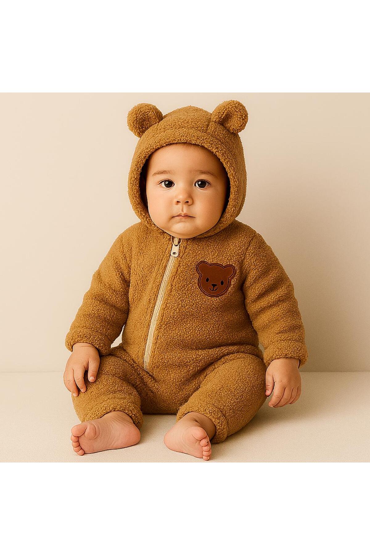 nevrankids Peluş Çapraz Fermuarlı Ayıcık Figürlü Kapüşonlu Tulum - Kahve fotoğrafı 5 (önizleme)