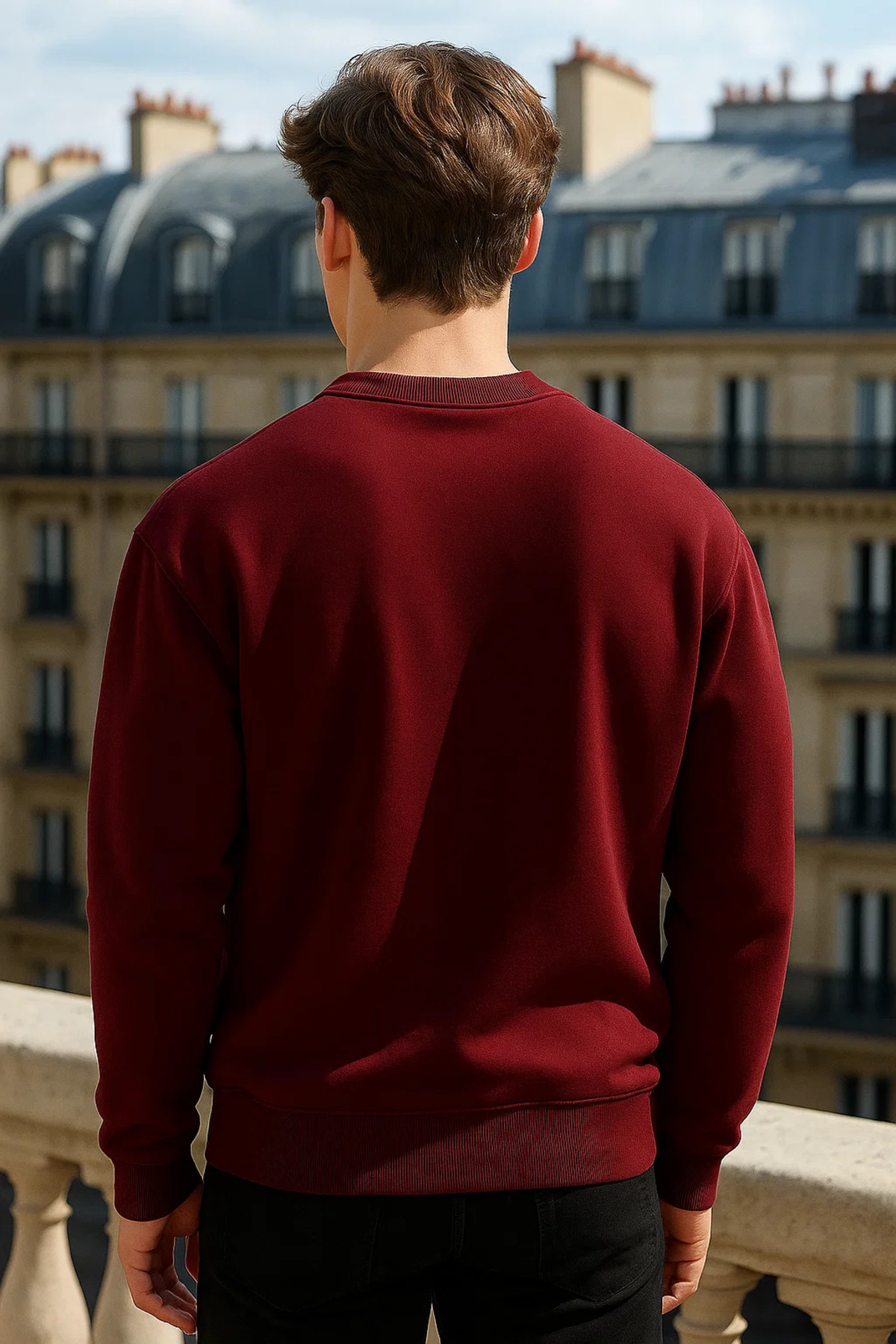 COMBİNE MİCHAİL  Erkek Bisiklet Yaka Oversize Bordo Kazak - Görsel 7