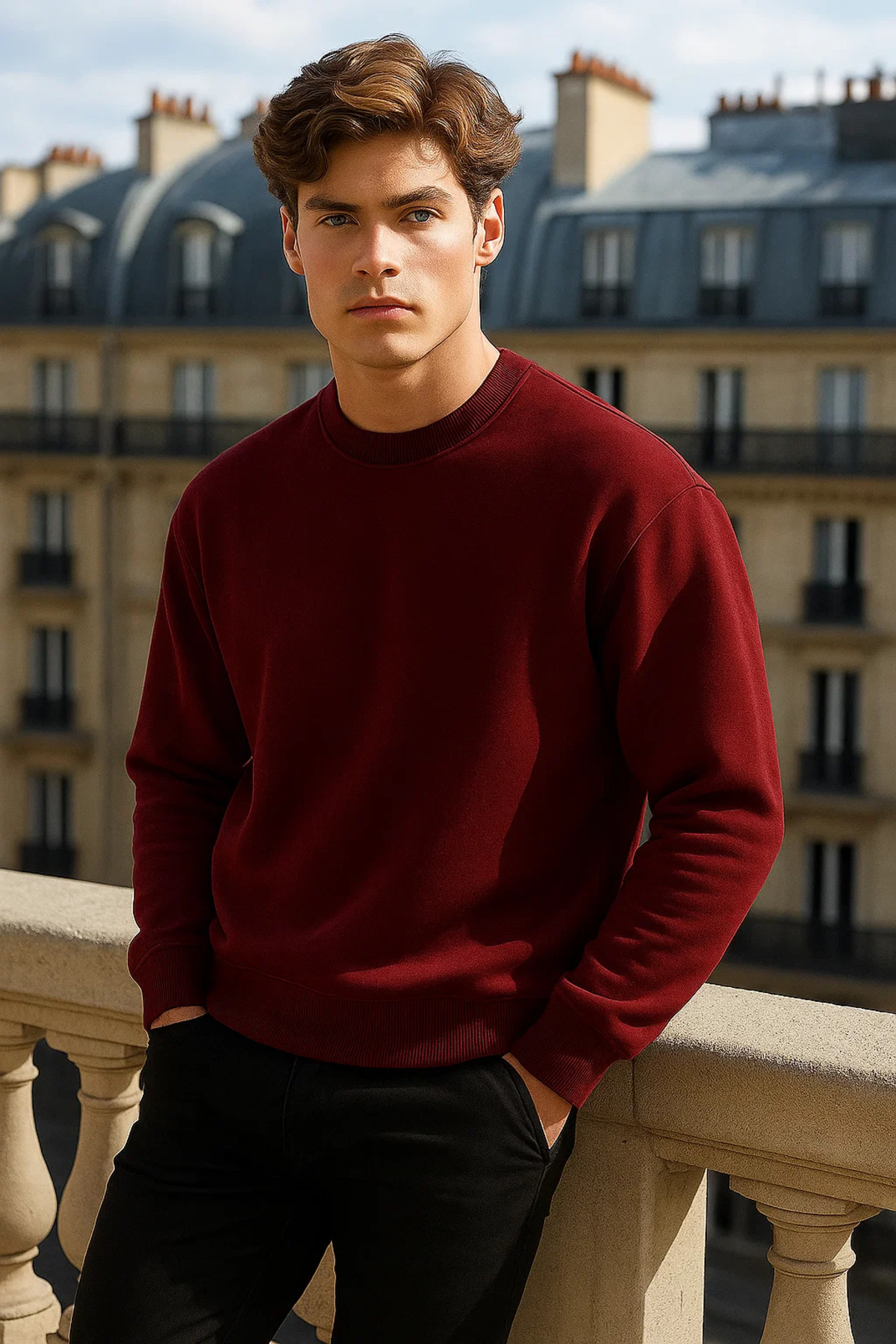 COMBİNE MİCHAİL  Erkek Bisiklet Yaka Oversize Bordo Kazak - Görsel 6