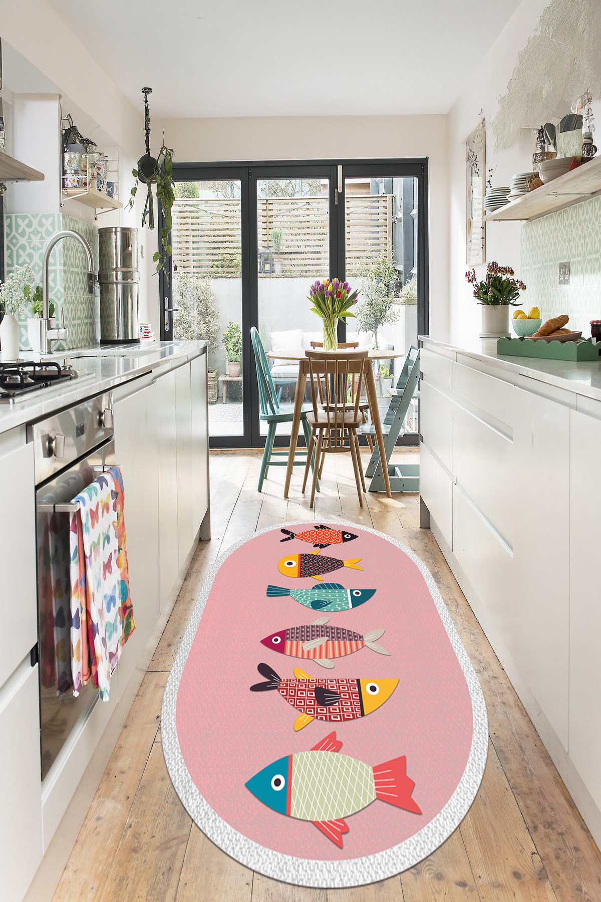 Oval Kitchen Rug with Fish Pattern with Digital Printed Washable and Non-Slip Base