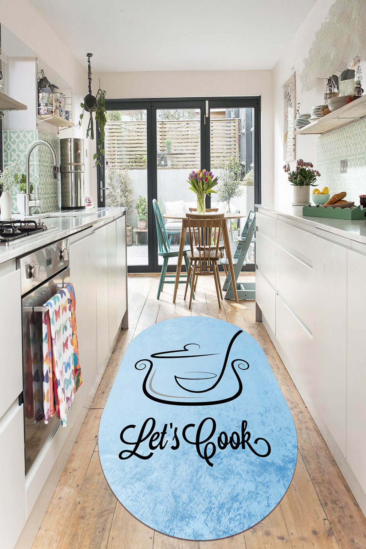 Modern Oval Kitchen Rug with Digital Printed Washable and Non-Slip Base Cooking Pot Figure