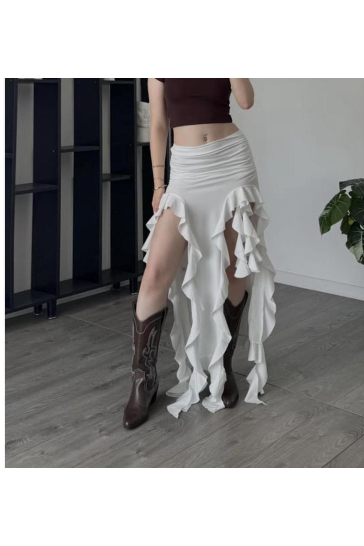 Linich&Co  Fırfır Yırtmaçlı Uzun Ekru Etek 4043 - Görsel 3