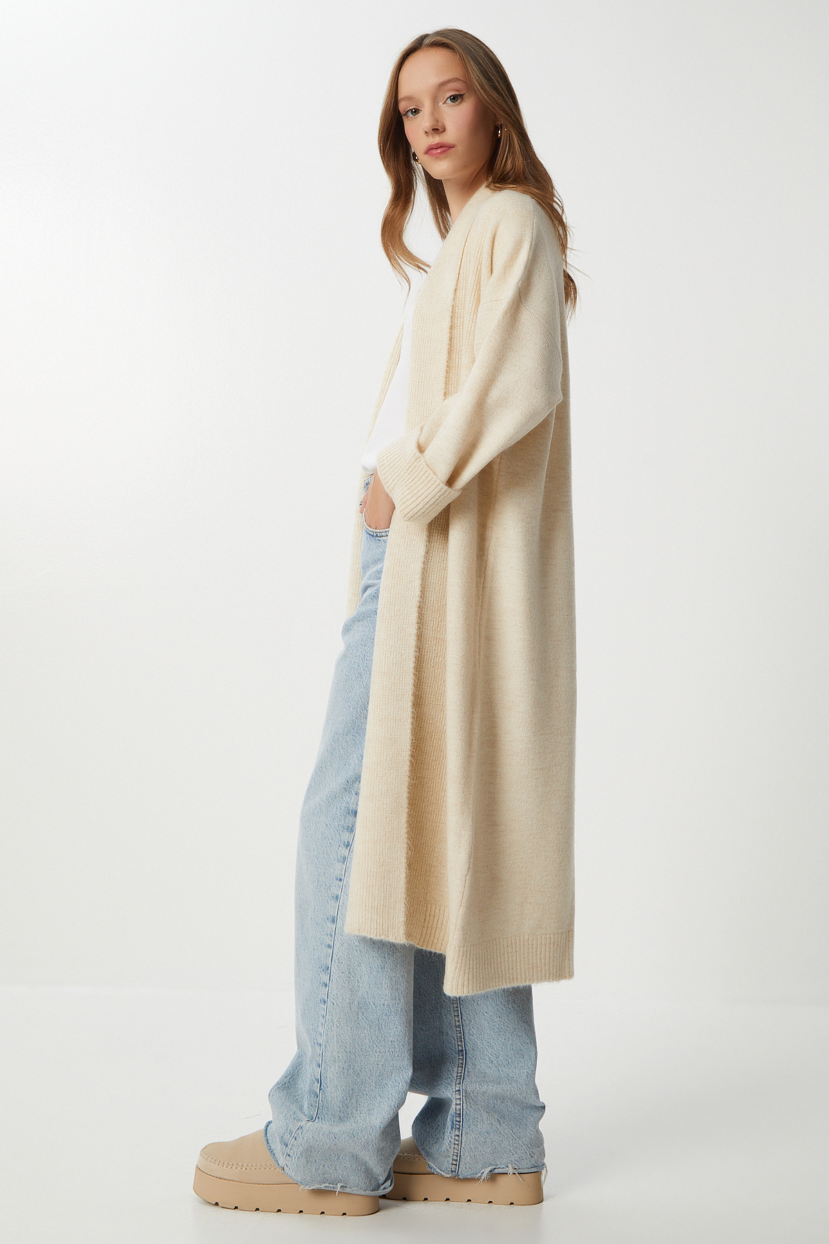 Lovelyİstanbul  Şal Yaka Uzun Triko Hırka LHİ0004 KREM - Görsel 2