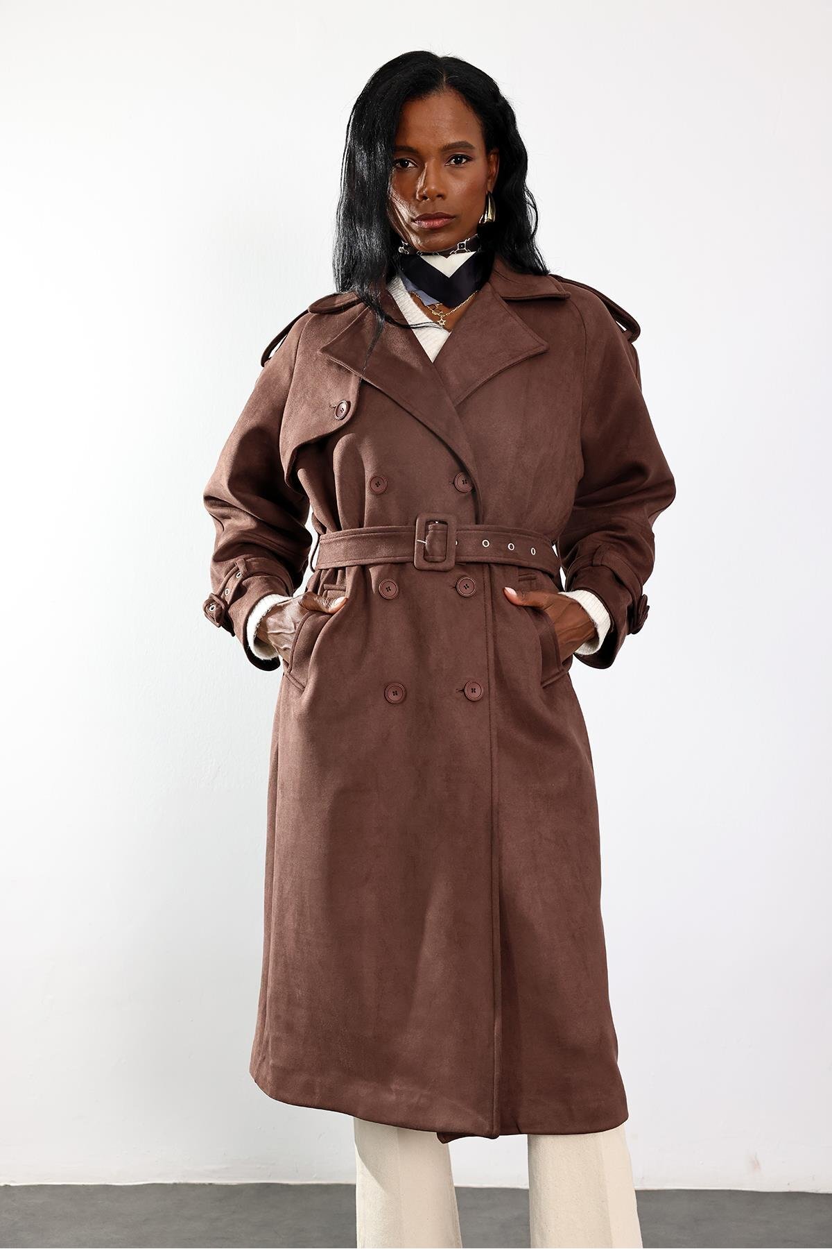 5in1Canpolat  Kahverengi Kruvaze Yaka Süet Kaban 9608 - Görsel 5