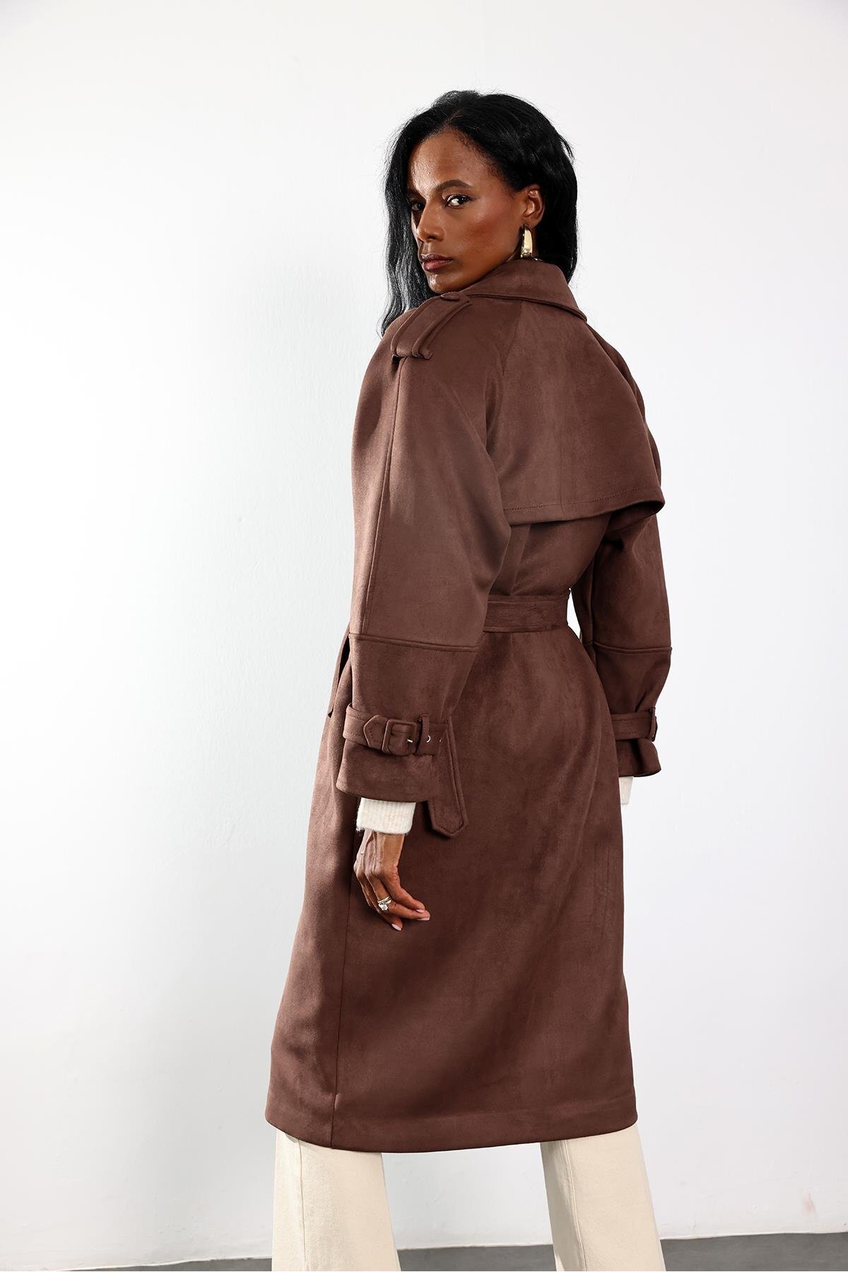 5in1Canpolat  Kahverengi Kruvaze Yaka Süet Kaban 9608 - Görsel 6