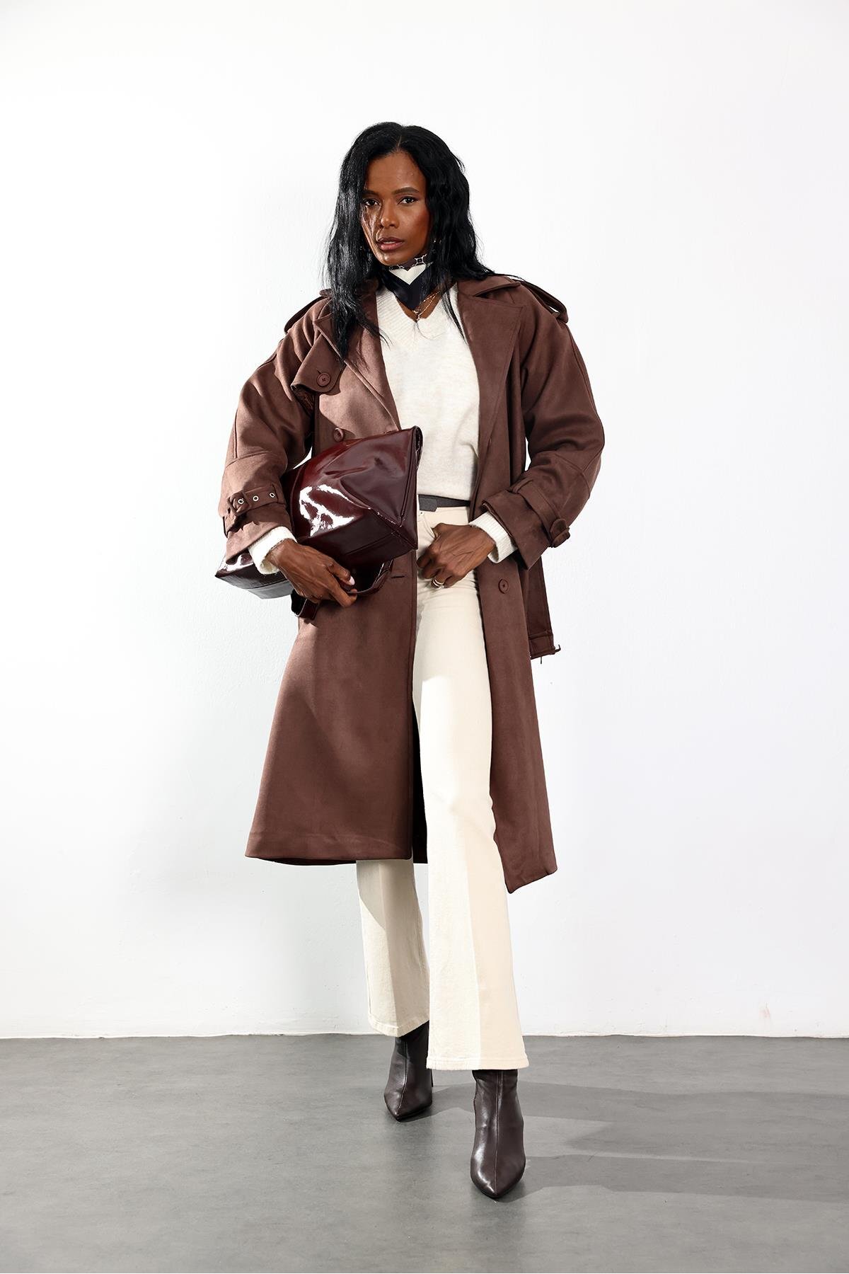 5in1Canpolat  Kahverengi Kruvaze Yaka Süet Kaban 9608 - Görsel 4