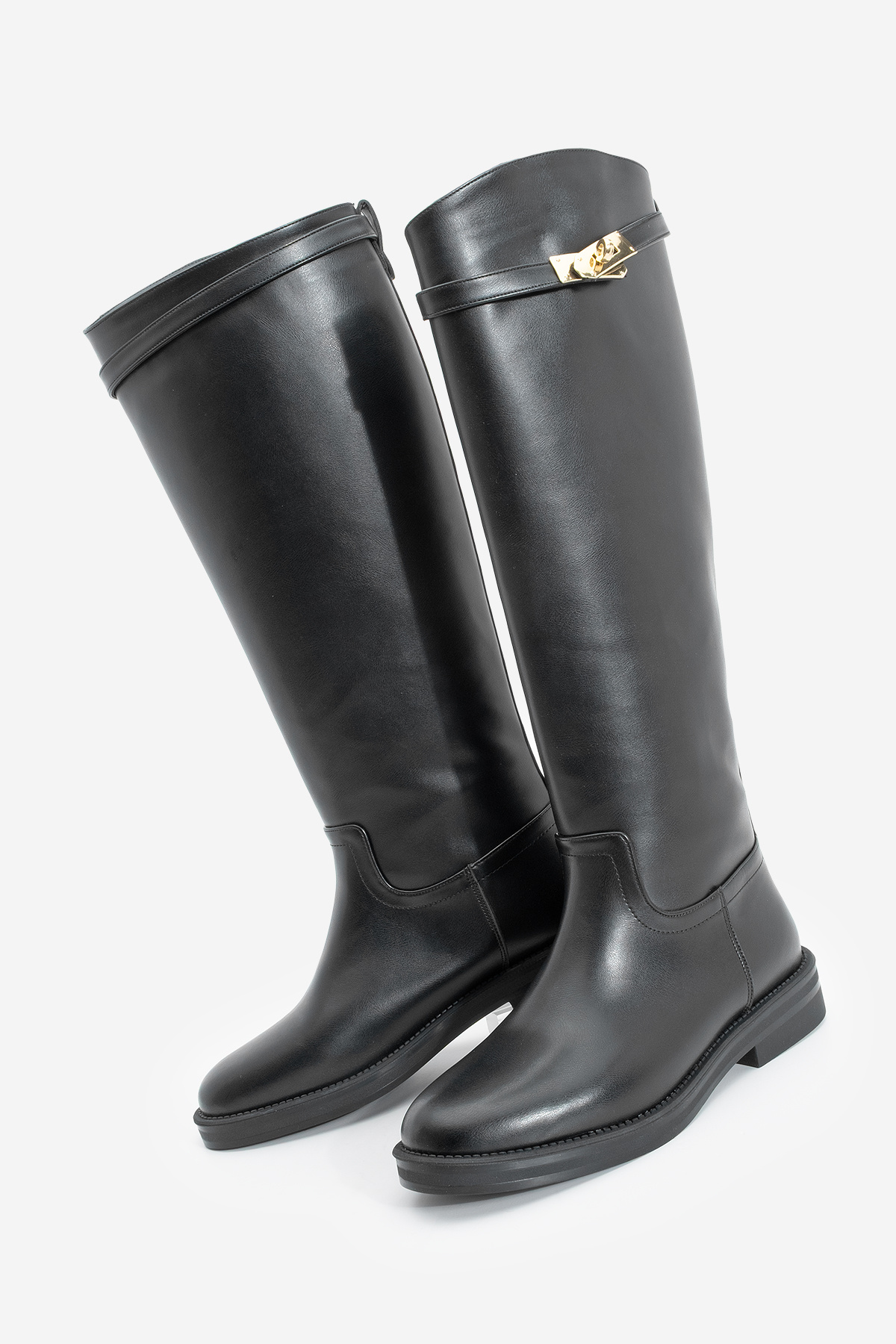 Marjin Kadın Tokalı Binici Günlük Çizme Velote Siyah