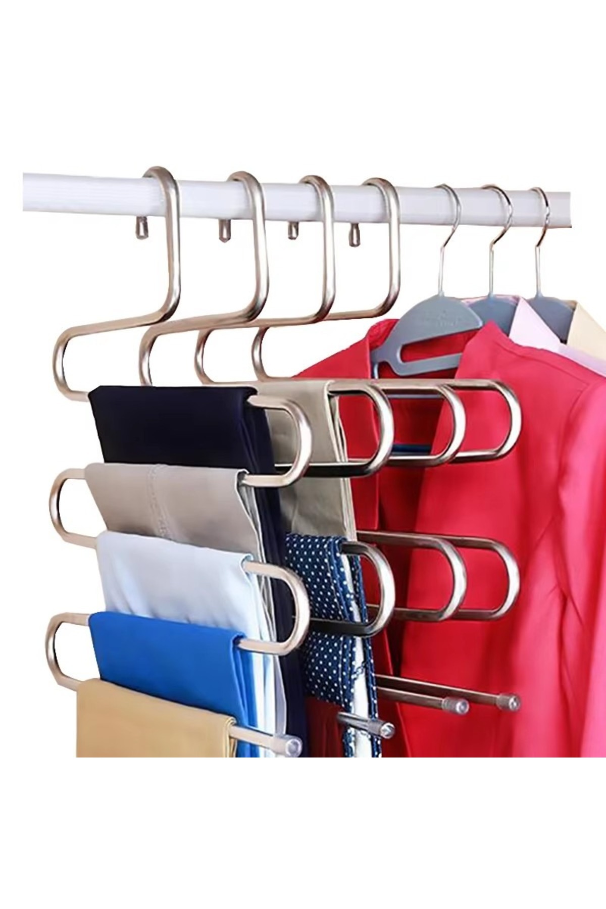 TRUSTMODA 5 Katlı Metal Pantolon Eşarp Askısı - Paslanmaz - Silikon Uçlu Askı- Dolap içi organizer
