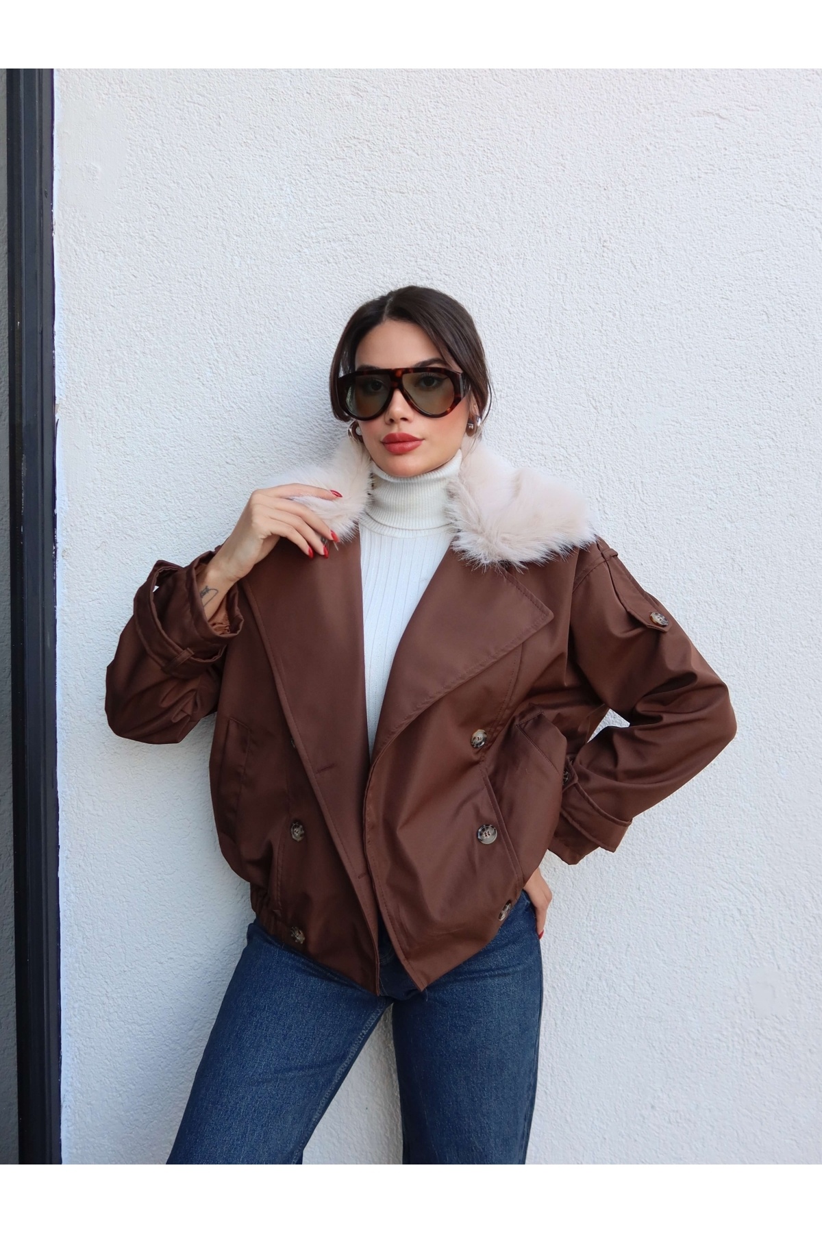 ESRAHELVACI Kürk Yaka Bel Lastikli Trench