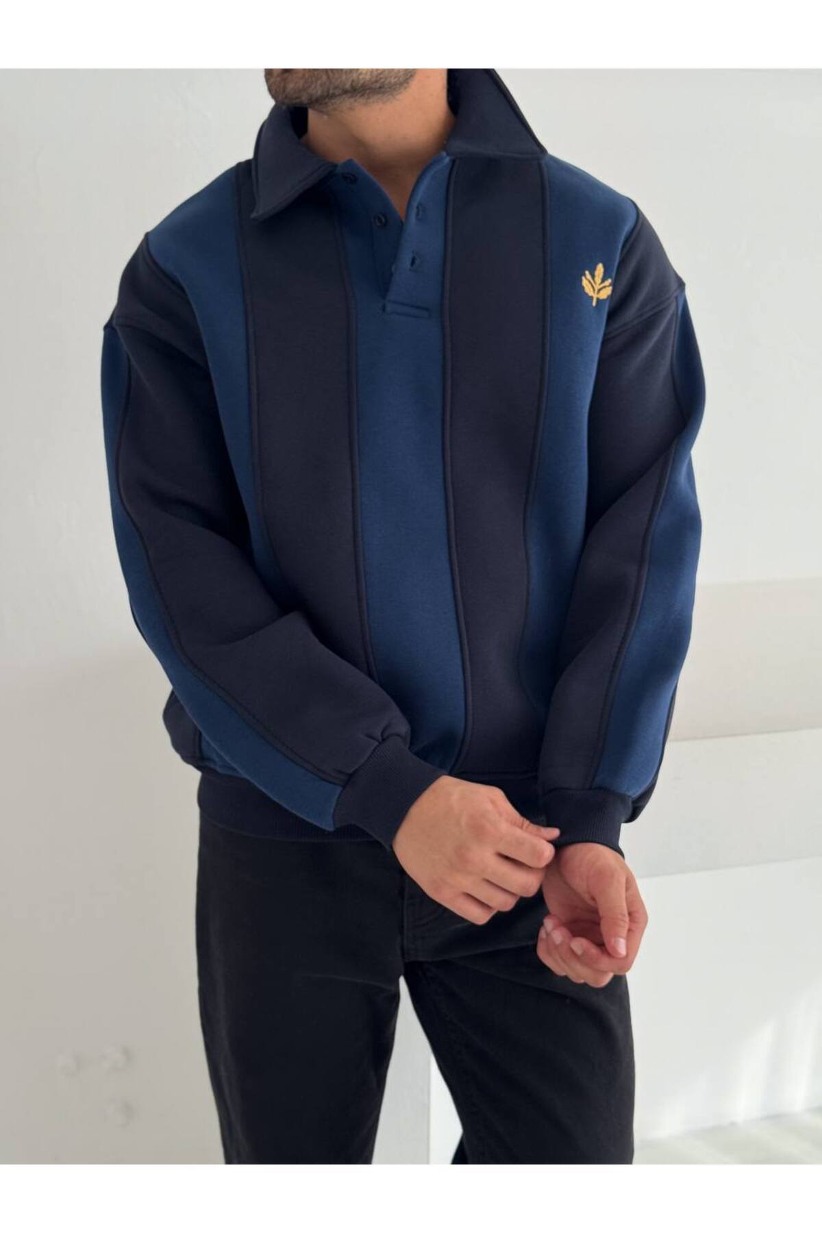 bergibo SARI LACİVERT EŞOFMAN ÜSTÜ - OVERSIZE ÇİZGİLİ SWEAT %100 PENYE