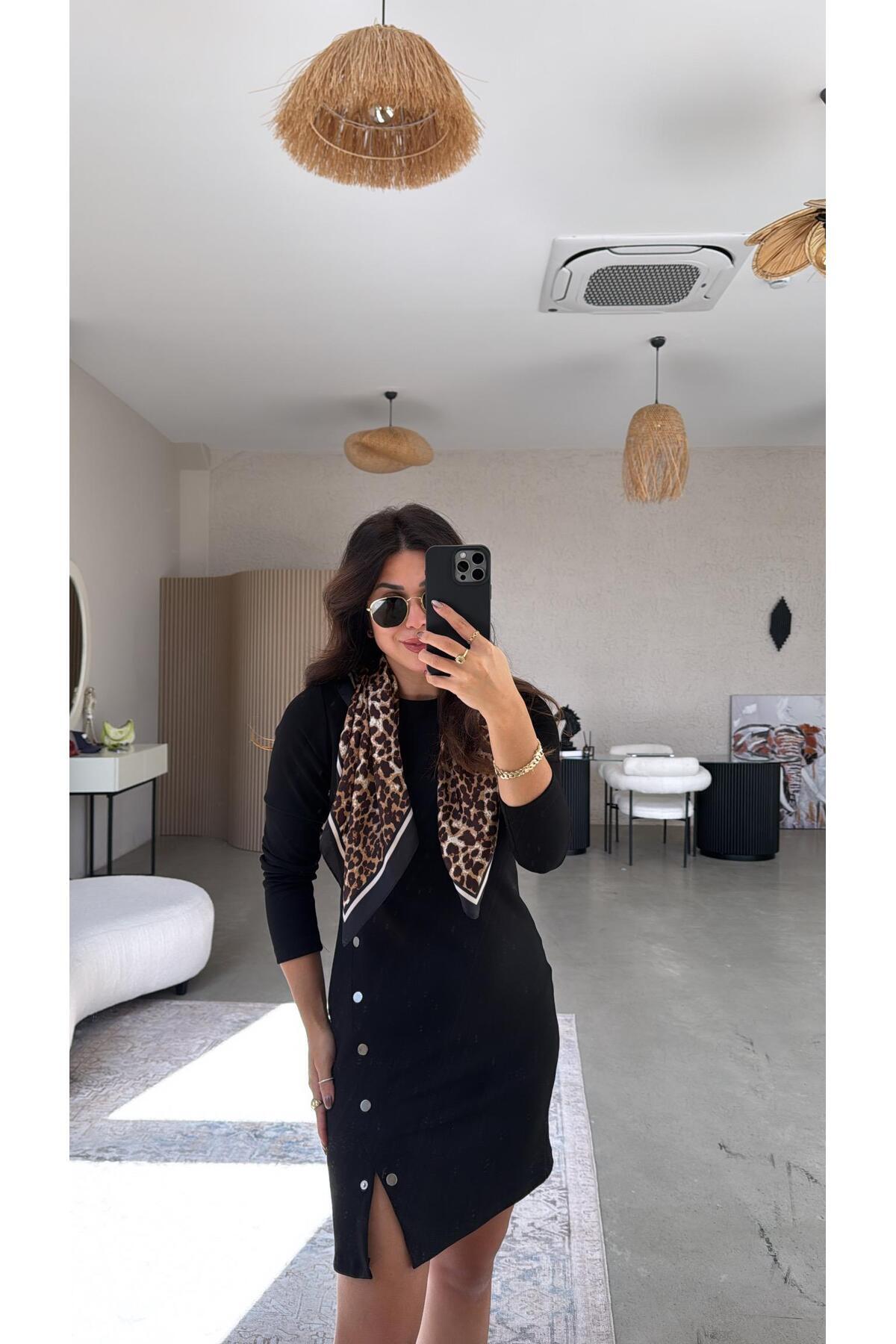 Siyah Çıtçıt Detaylı Modal Elbise