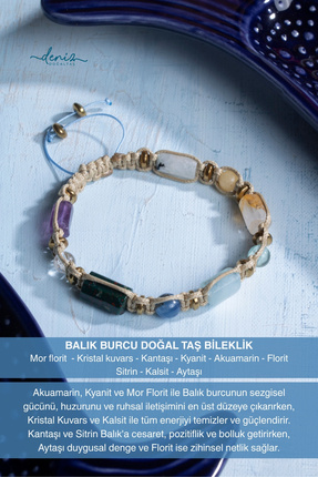 Deniz Doğal Taş Sertifikalı Balık Burcu Doğal Taş Makrome Bileklik