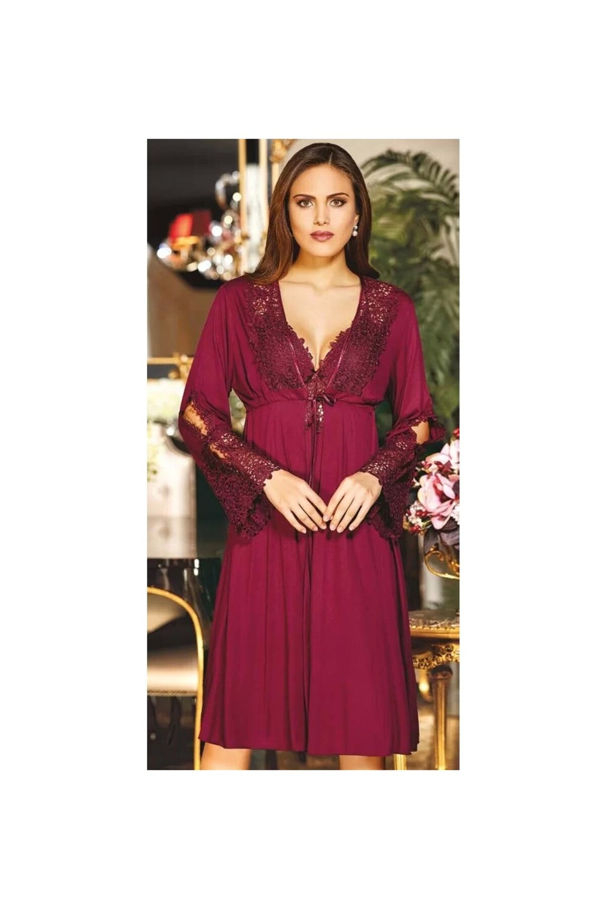 mdm style Çeyizlik Penye Dantelli Kısa Altılı Gecelik Sabahlık Takım- 561