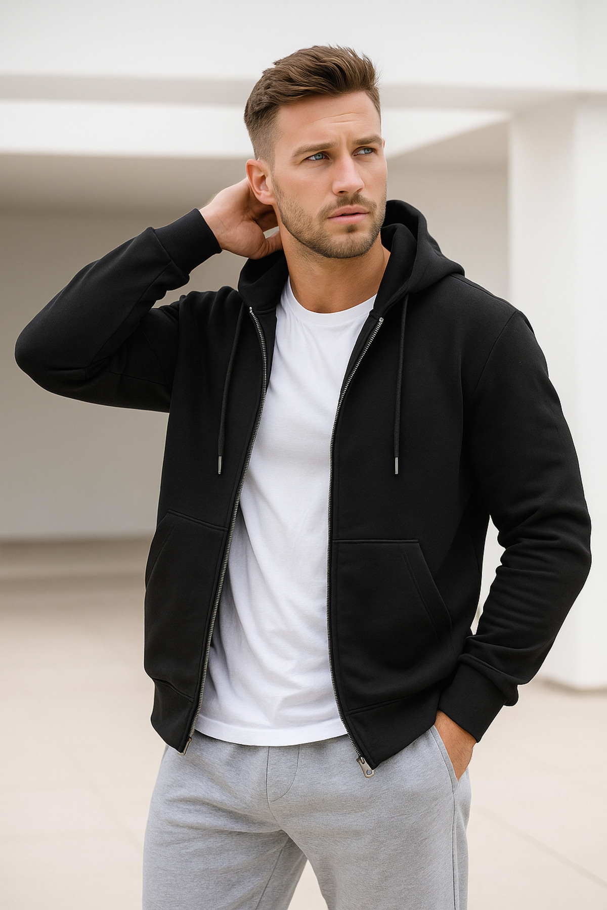 Rich  Erkek Siyah Kapüşonlu Kanguru Cepli Fermuarlı Sweatshirt - Görsel 6