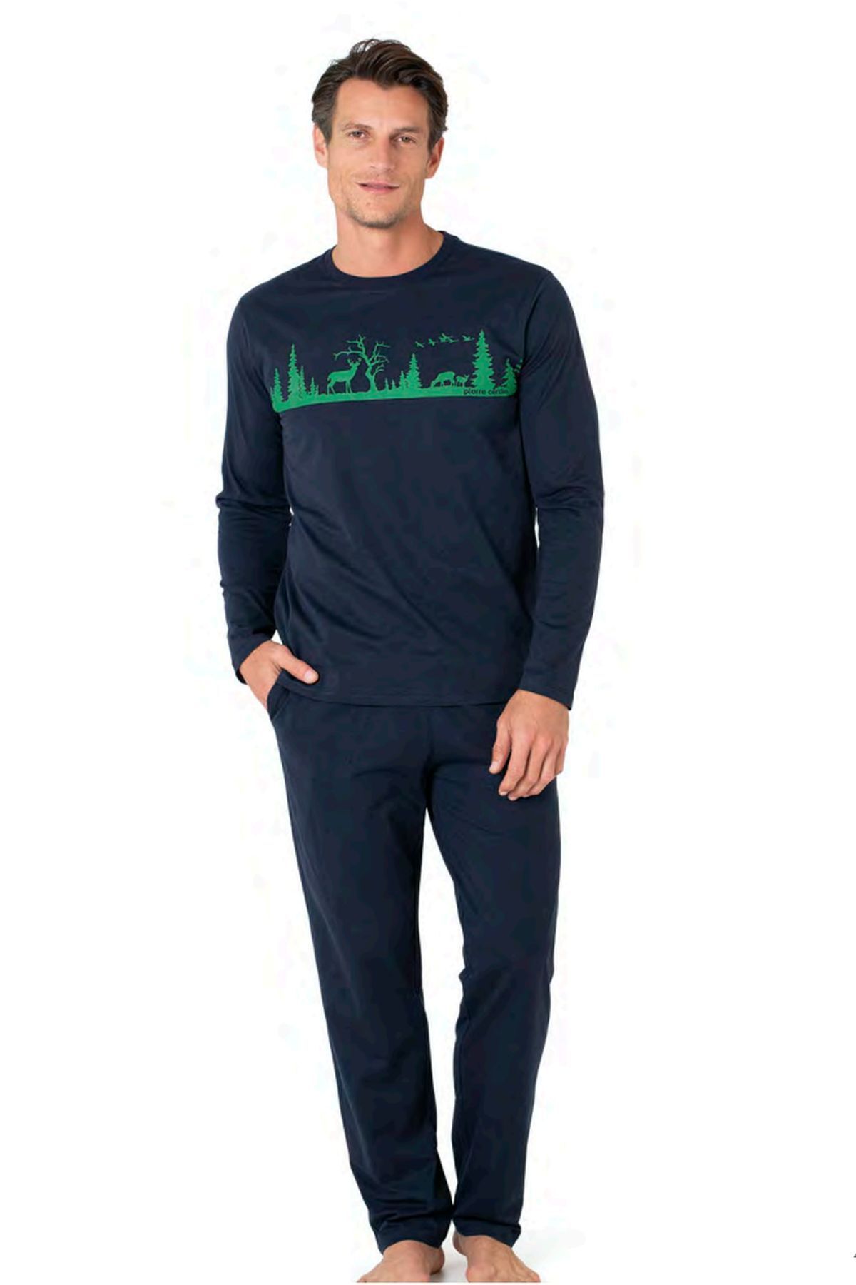 پیر کاردین ست لباس خواب مردانه یقه گرد آستین بلند سرمه‌ای ۶۱۰۴