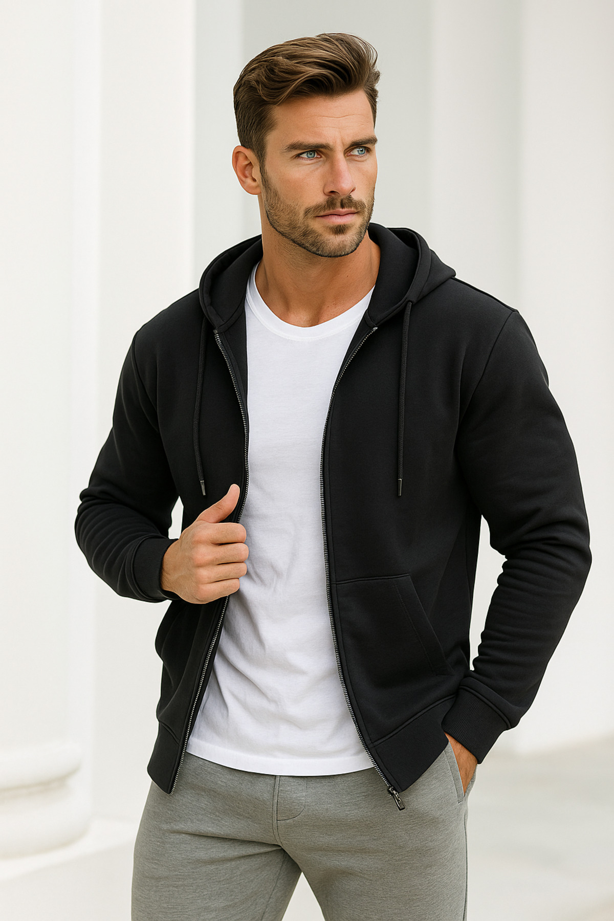 Rich  Erkek Siyah Kapüşonlu Kanguru Cepli Fermuarlı Sweatshirt - Görsel 3