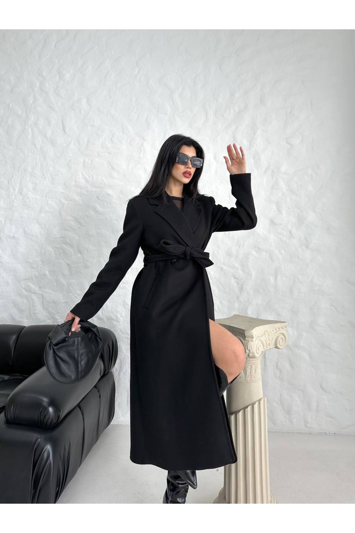 Bella Breeze Kadın Premium İthal Kumaş Bağlamalı Kuşaklı Kaşe Kaban görsel 2