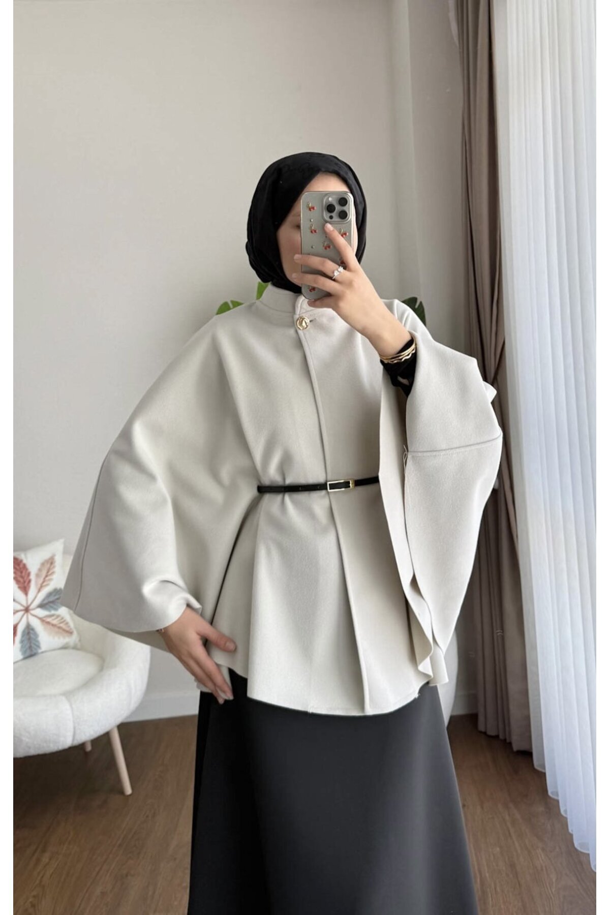 RFK Butik Kadın Oversize Kemerli Kaşe Panço - Bej