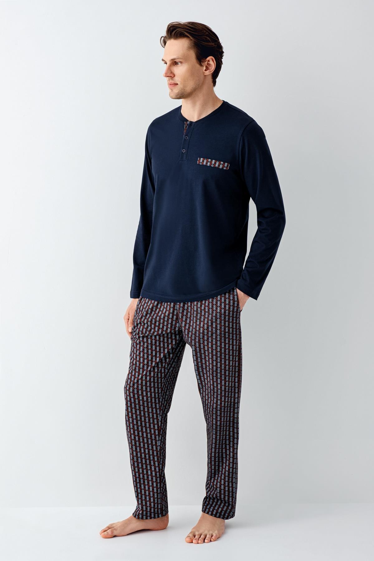 Erkek Lacivert %100 Pamuklu Pijama Takım - 2