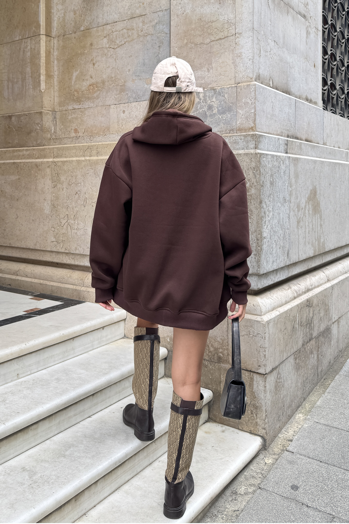la & vetta Kahverengi Kapüşonlu Oversize Fermuarlı Şardonlu Sweatshirt görsel 8