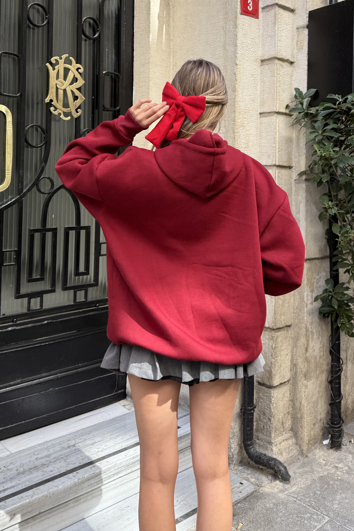 la & vetta  Bordo Kapüşonlu Oversize Fermuarlı Şardonlu Sweatshirt - Görsel 6
