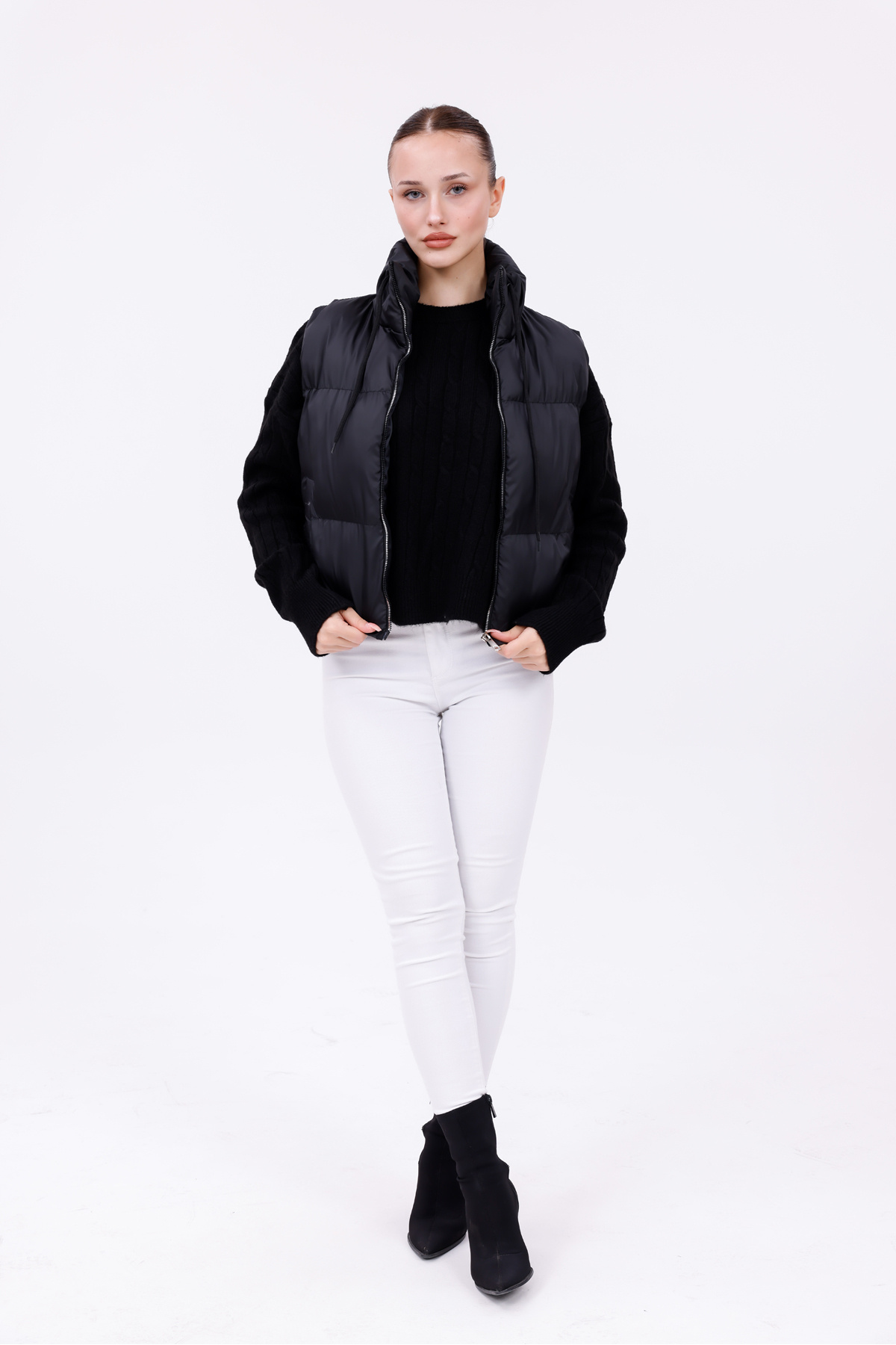 PENGORA Siyah Kadın Yelek Kışlık Dolumlu Bağcıklı