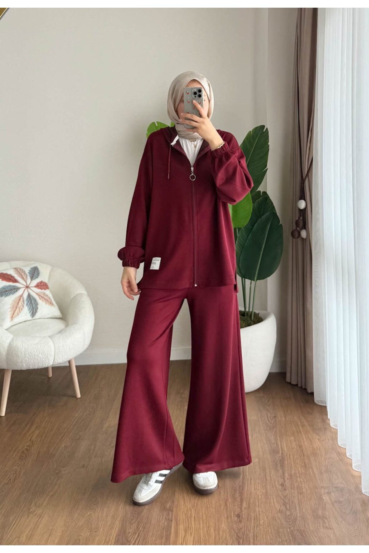 RFK Butik Kadın Fermuar Detaylı Kapüşonlu İkili Takım - Bordo