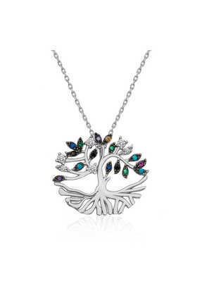 Genel Markalar 925 Ayar Gümüş Mix Taşlı Tuba Ağacı Kadın Gümüş Kolye