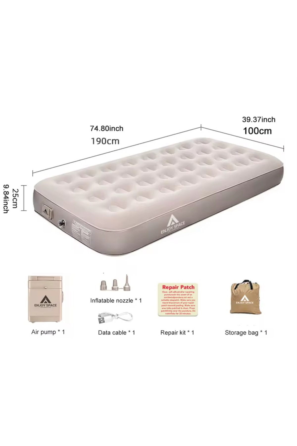 مرتبة هوائية مريحة، 190 × 100 × 25 سم، سطح مخملي ناعم، مع مضخة هواء قابلة للإزالة وماء