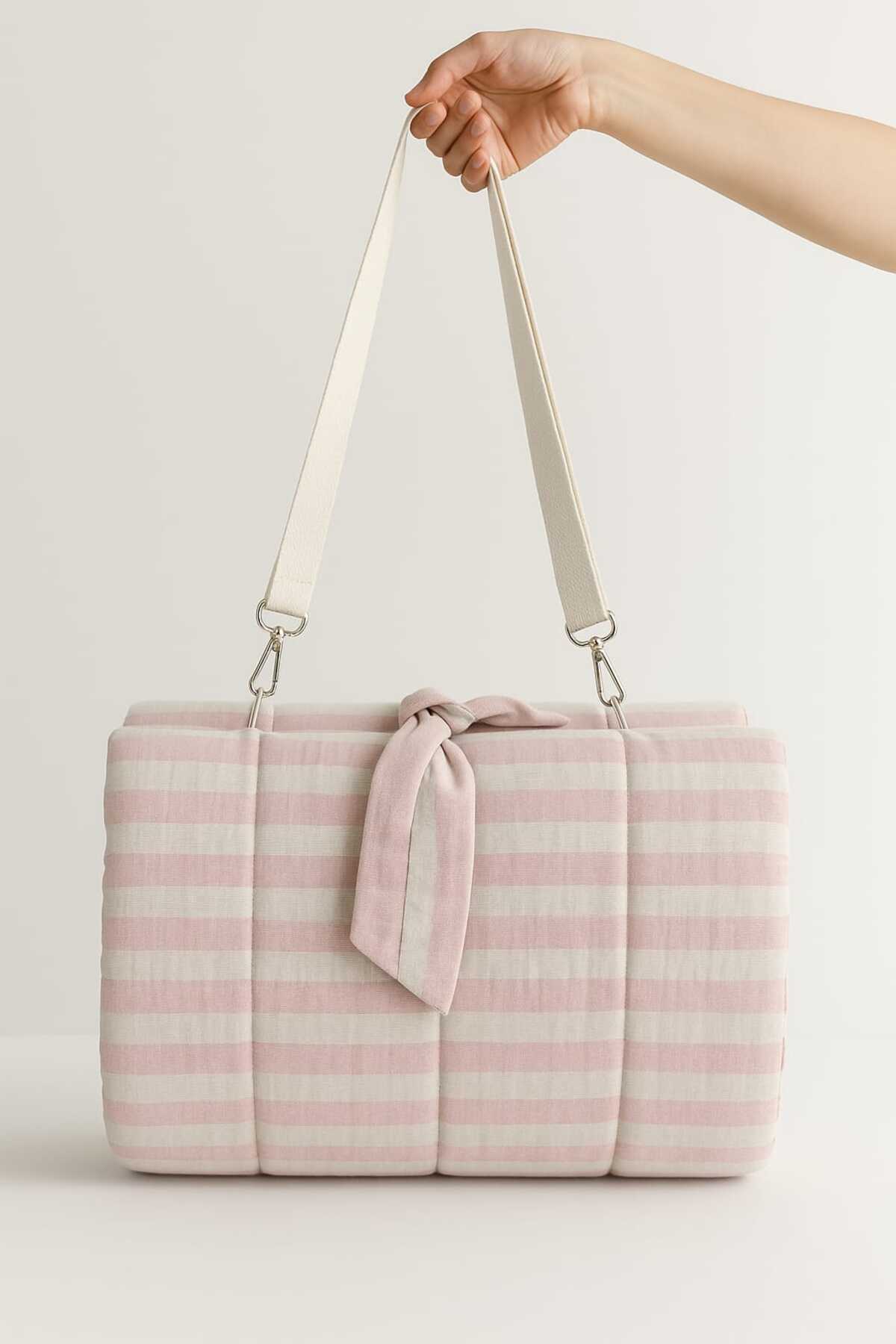 Mayras Cotton Baby %100 Pamuklu Bebek/Çocuk Kare Çanta Taşımalı Çizgili Desen Oyun Minderi,Oyun Halısı fotoğrafı 2 (önizleme)