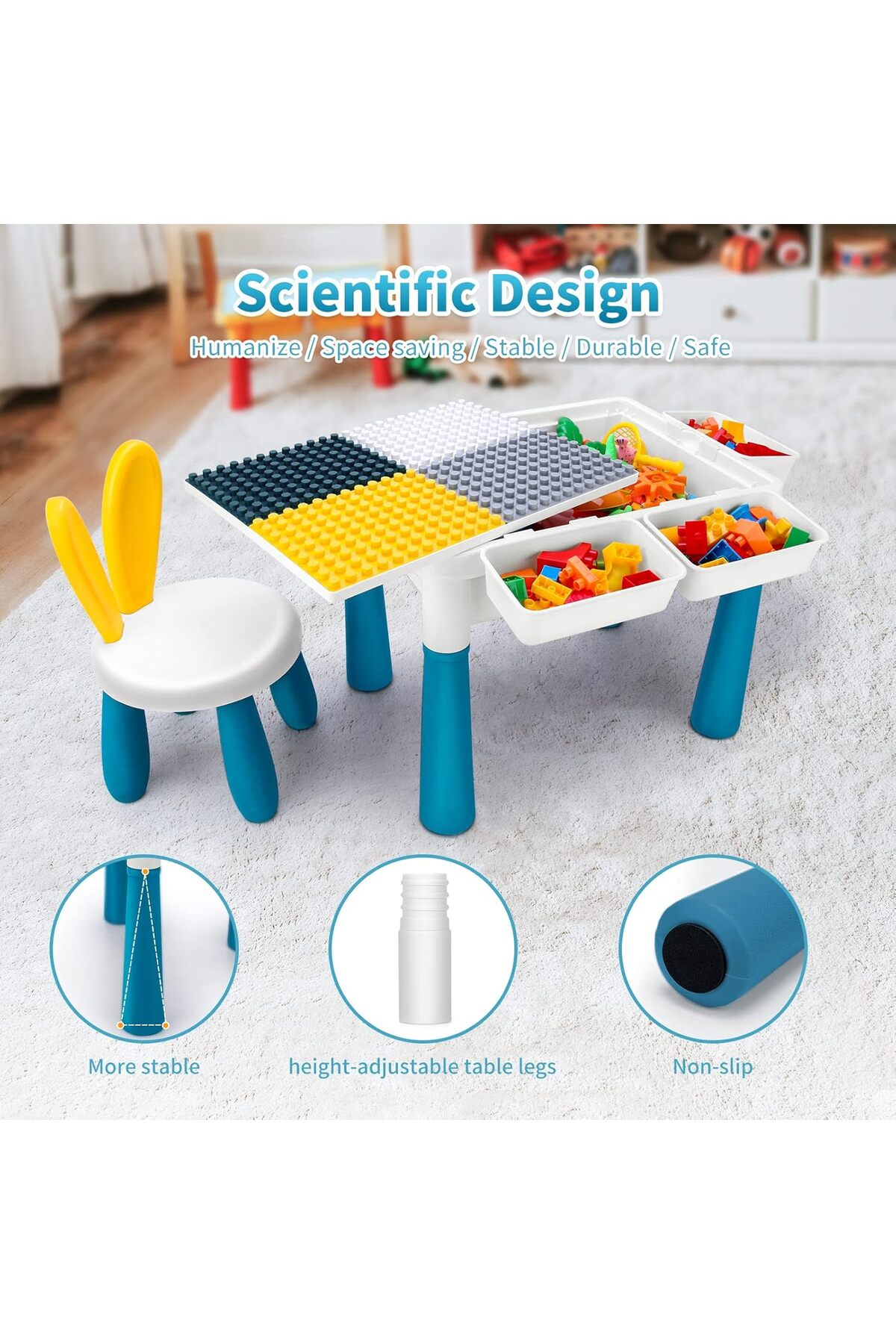 میز یادگیری بلوکی چندکاره | ۱۸۰ تکه، رویهٔ دوطرفه، دارای فضای ذخیره‌سازی، چهارپایه