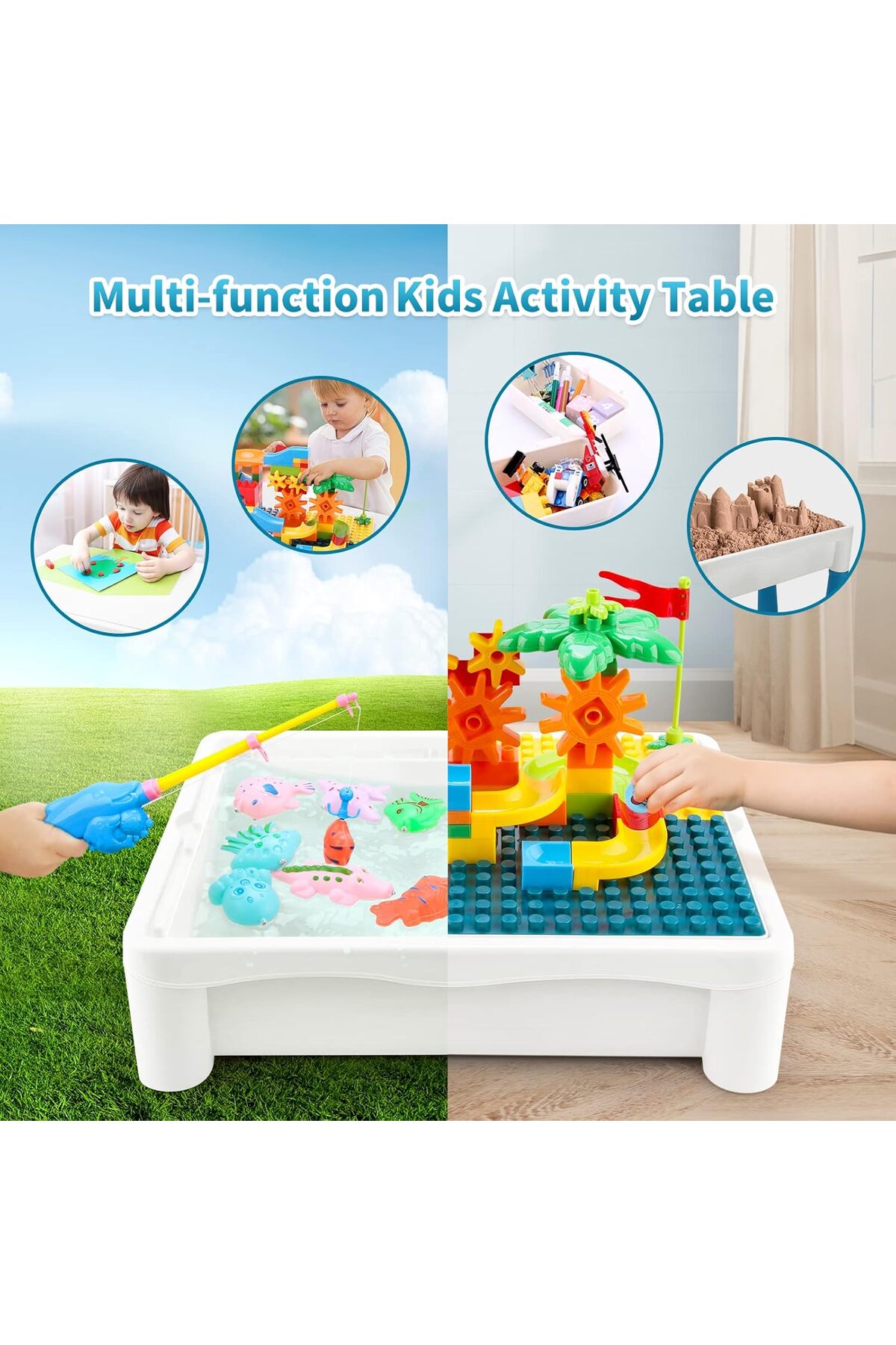 میز یادگیری بلوکی چندکاره | ۱۸۰ تکه، رویهٔ دوطرفه، دارای فضای ذخیره‌سازی، چهارپایه