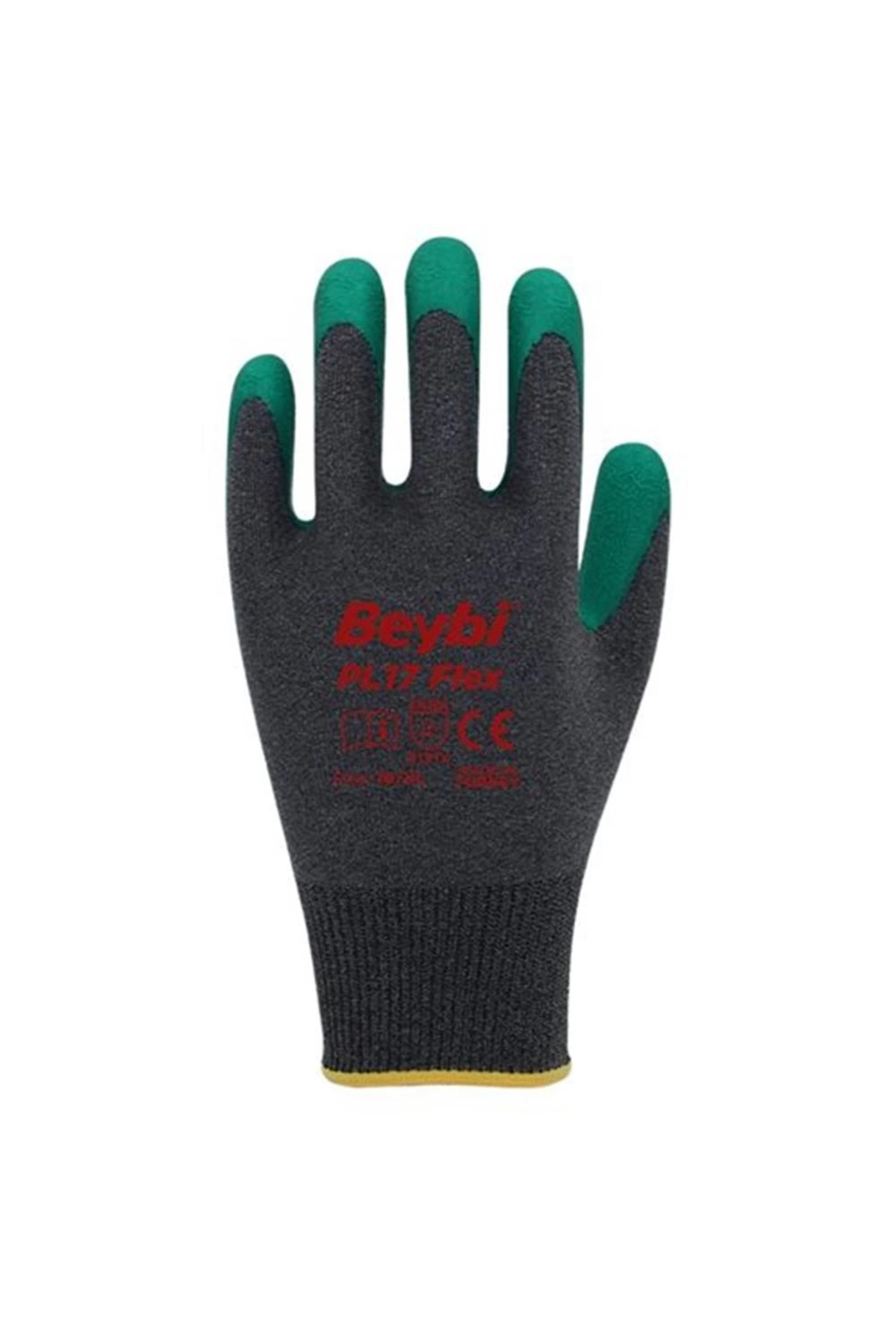 Beybi PL17 Flex 10 Beden Gri-Yeşil Polyesyter Likralı İpten Örülmüş Lateks Kaplı 12li Paket (3131X)