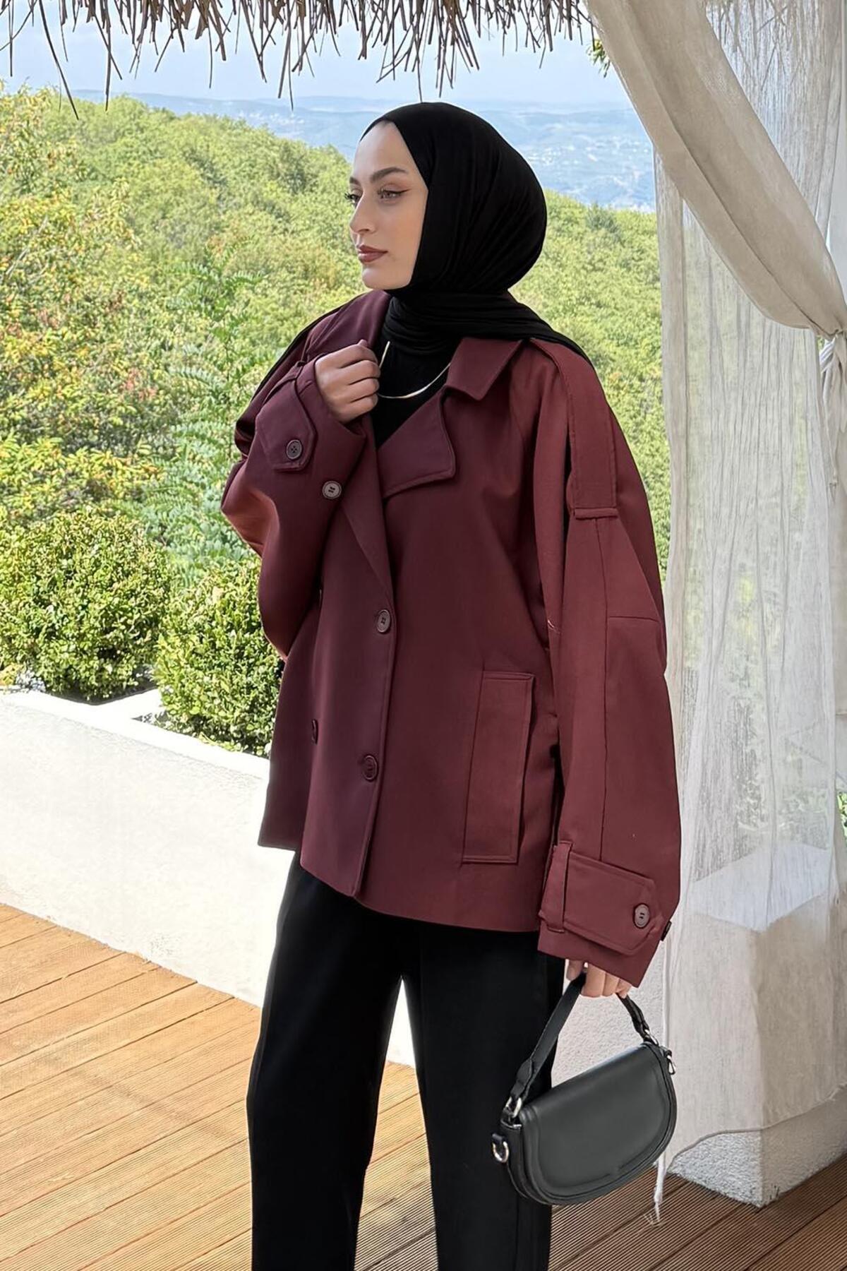 lamelif Kruvaze Kısa Tesettür Trençkot Bordo görsel 2
