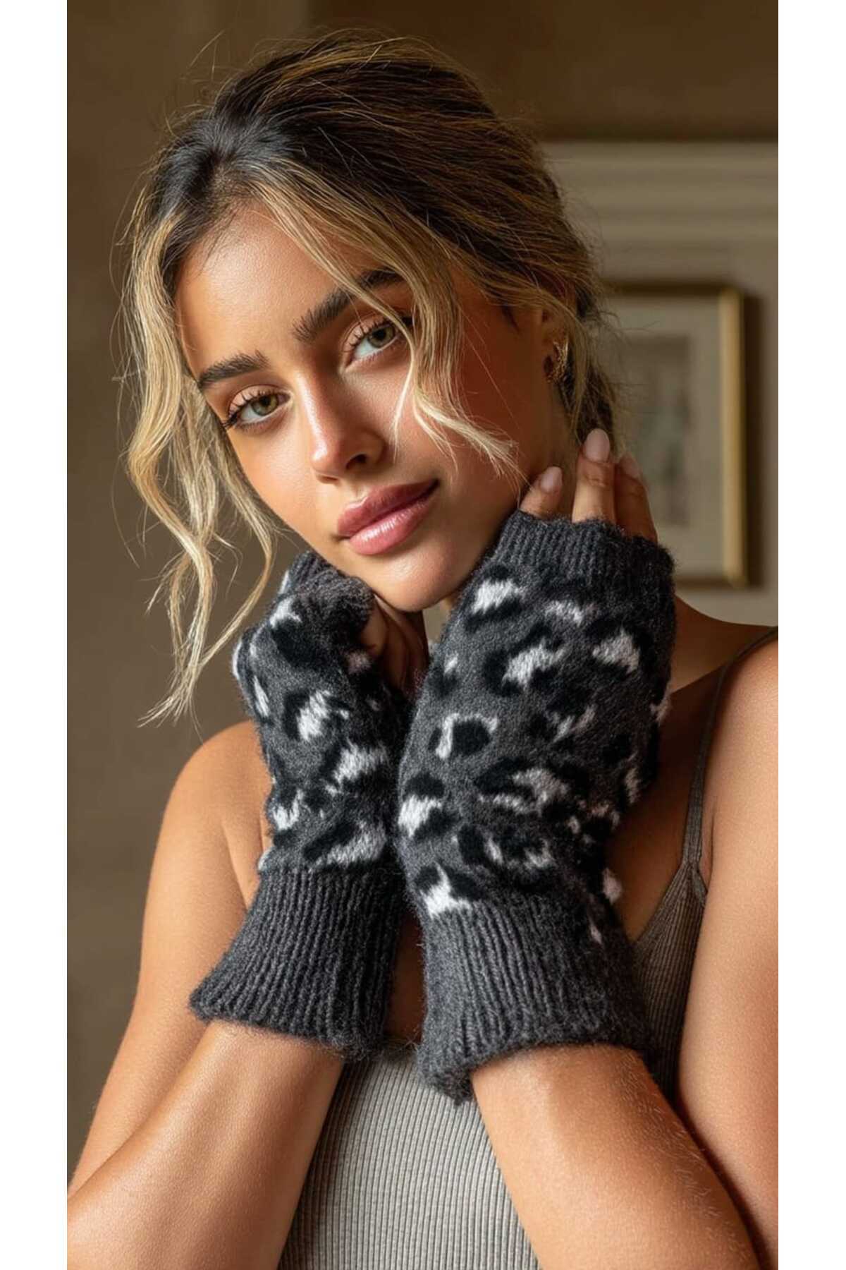 Kadın Leopar Desen Kesik Parmak Eldiven