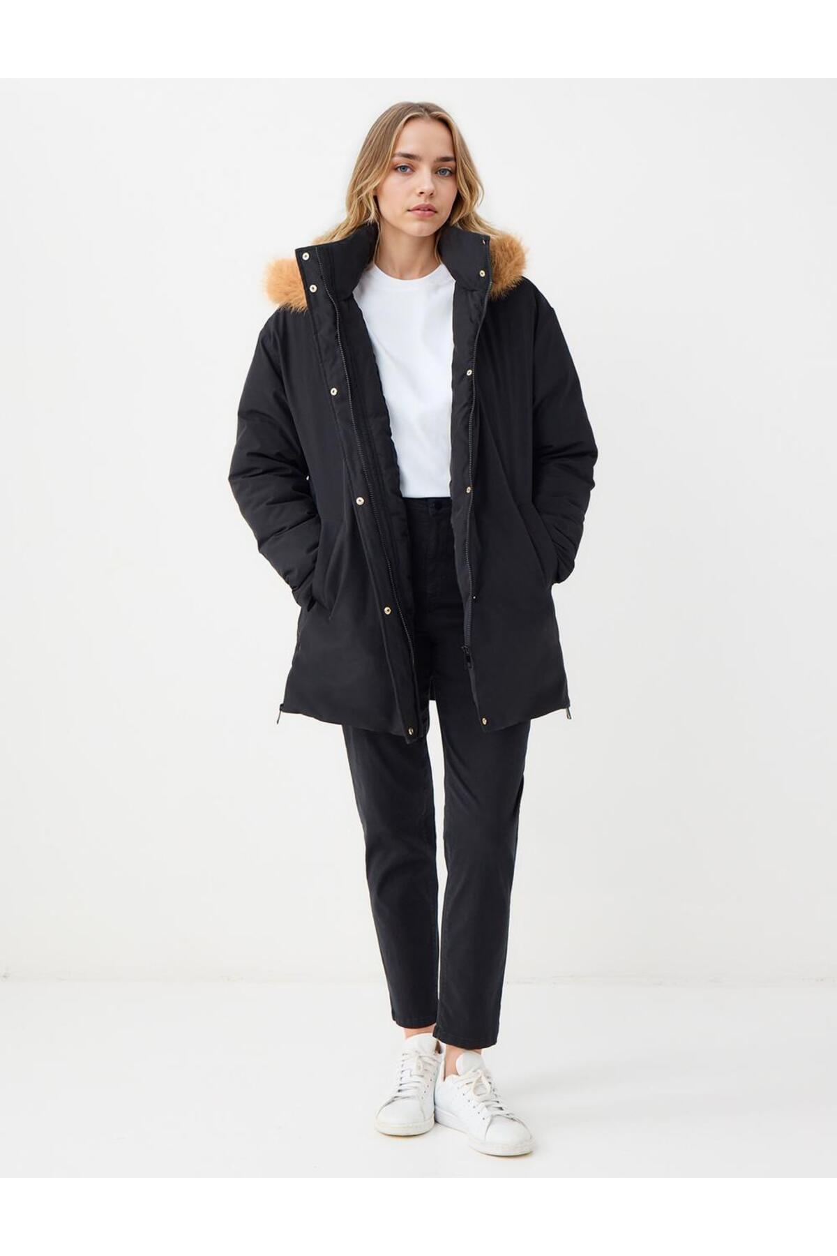 Jimmy Key Siyah Yandan Cepli Kapüşonu Kürk Detaylı Puf Mont