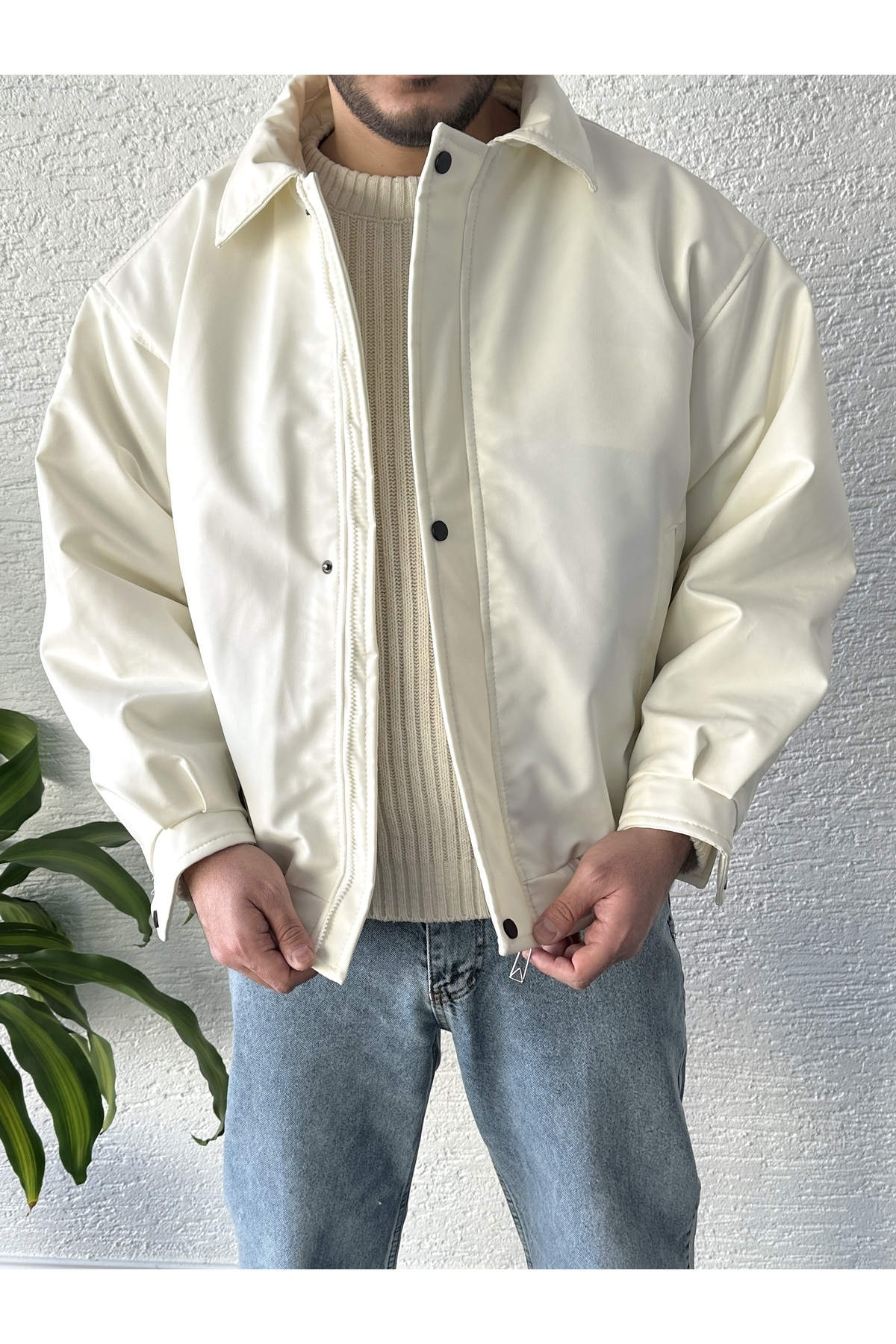 Baykombin Sokak Modası Unisex Oversize Deri Bomber Ceket görsel 2
