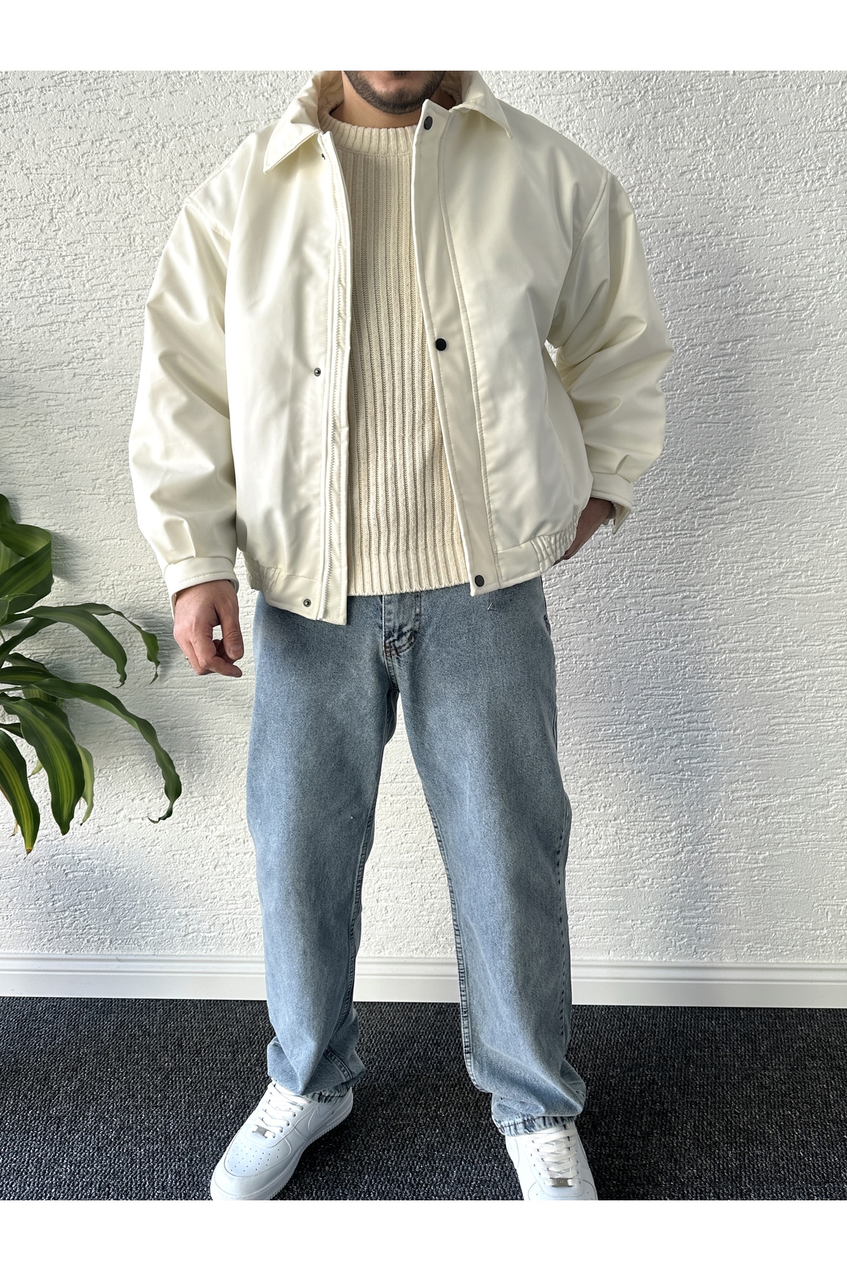 Baykombin Sokak Modası Unisex Oversize Deri Bomber Ceket görsel 3