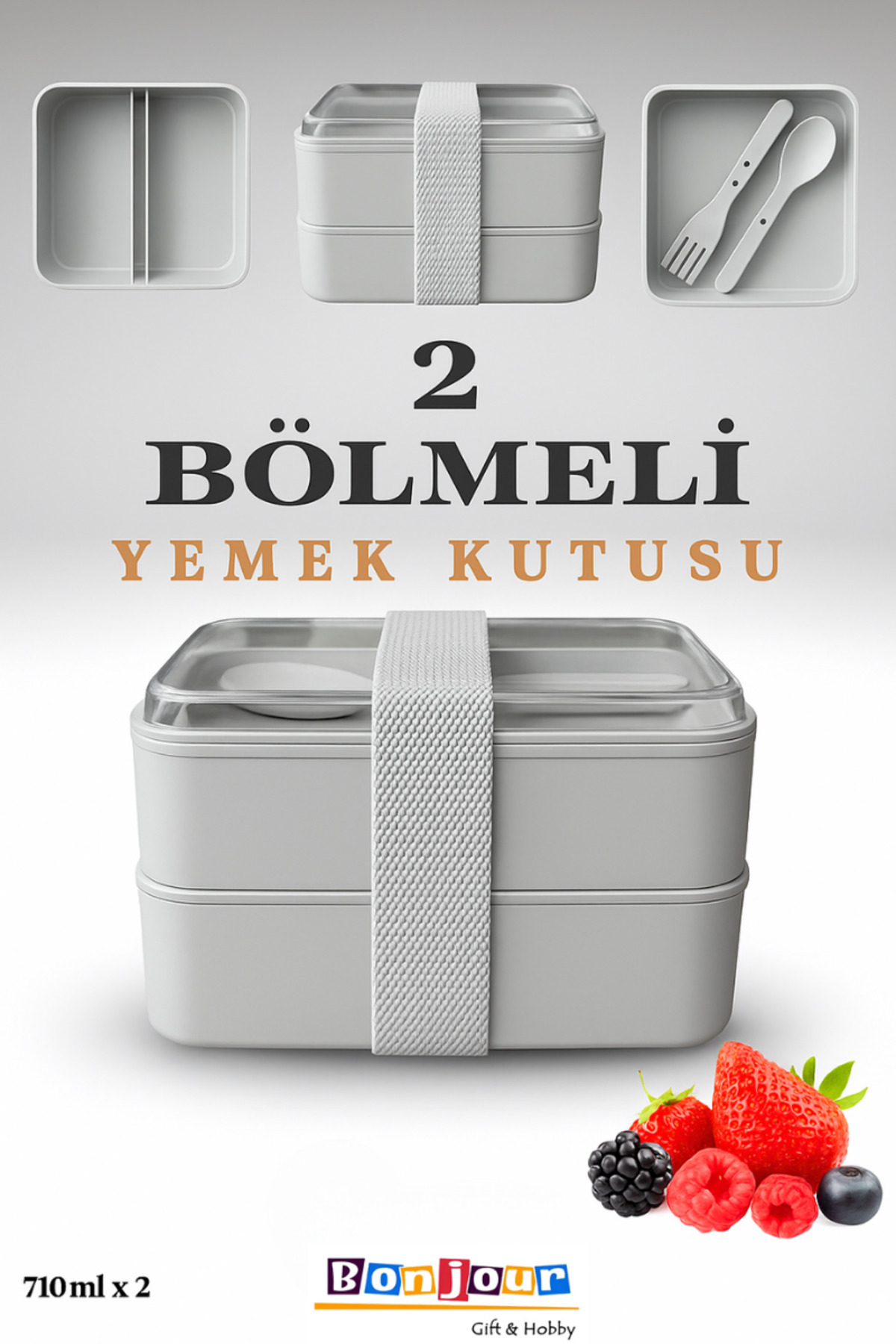 Bonjour Gift & Hobby 2 Bölmeli Kare Taşınabilir Yemek Kabı Lunch Box Diyet Beslenme Kutusu Saklama Kabı Çatal Kaşık