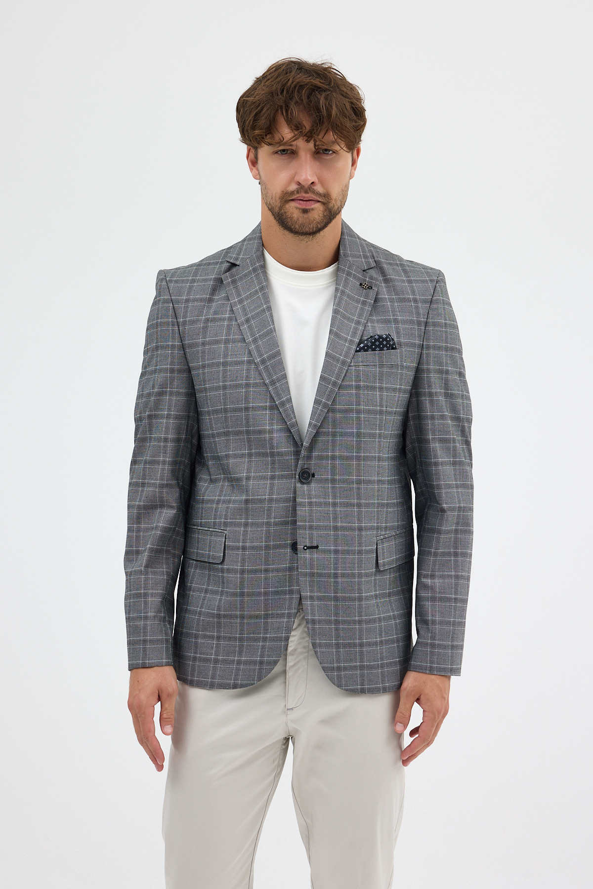 Frappoli  Facune Erkek Siyah-Gri Ekose Kumaşlı Mono Yaka Spor Blazer Ceket